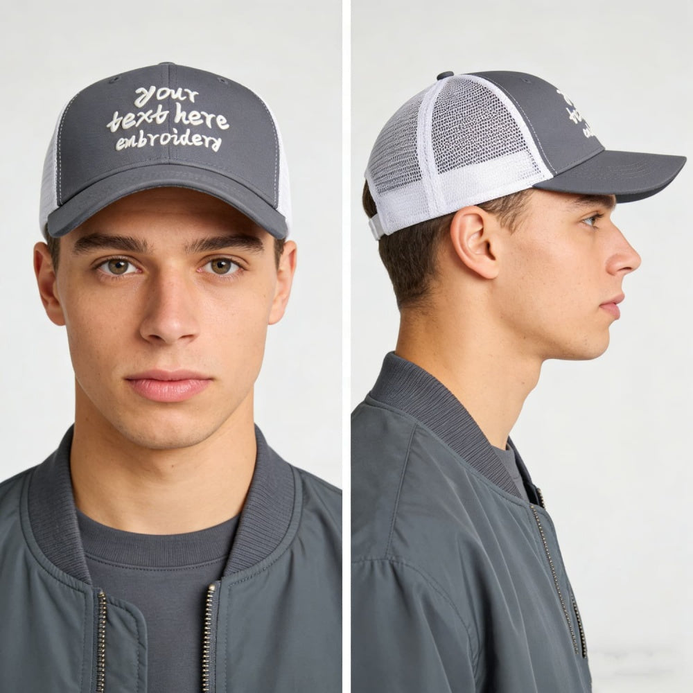 Vosoli Grey White Mesh Trucker Cap - Custom Embroidered Personalized Hat