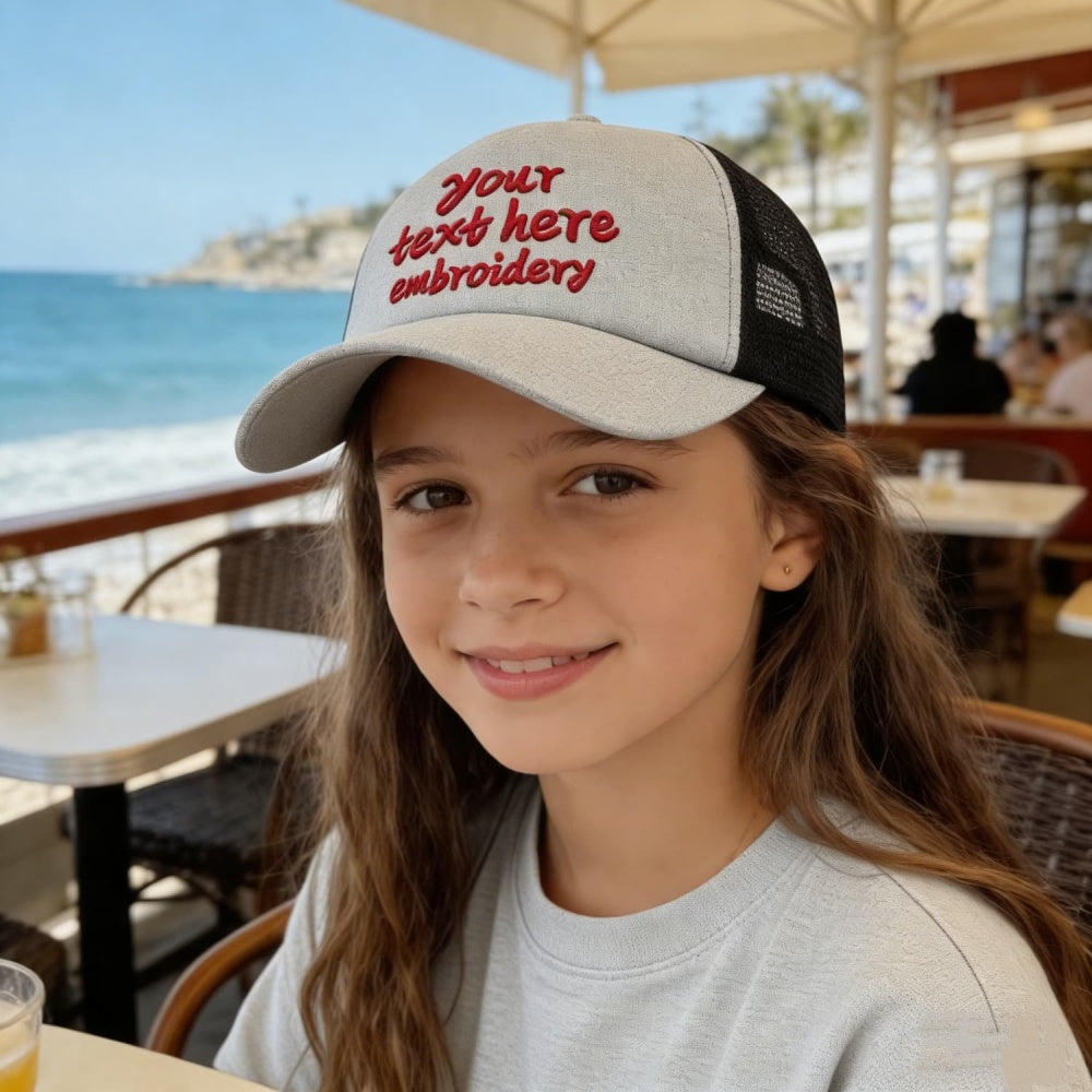 Vosoli Kids Heather Grey Black Mesh Trucker Cap - Custom Embroidered Personalized Children’s Hat
