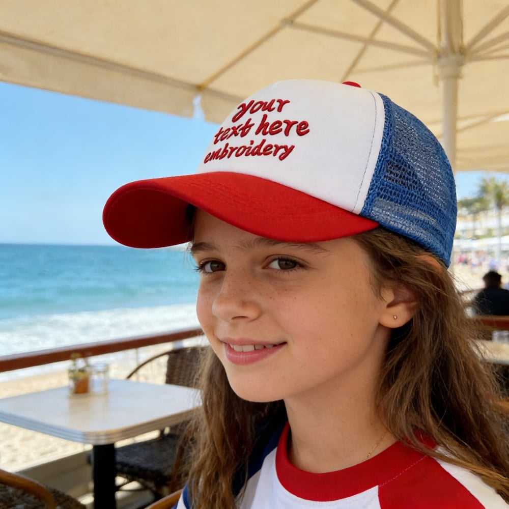 Vosoli Kids Red White Blue Mesh Trucker Cap - Custom Embroidered Personalized Children’s Hat
