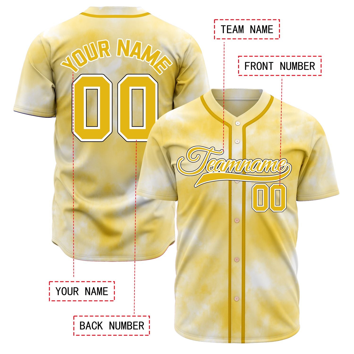 VOSOLI Sun-Kissed Gold Tie-Dye Graffiti Custom Stitched Baseball Jersey