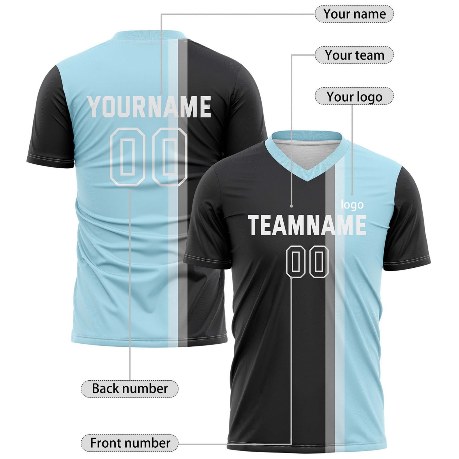 Custom Light Blue & Black Split Stripe Soccer Jersey for Teams & Individuals | Vosoli