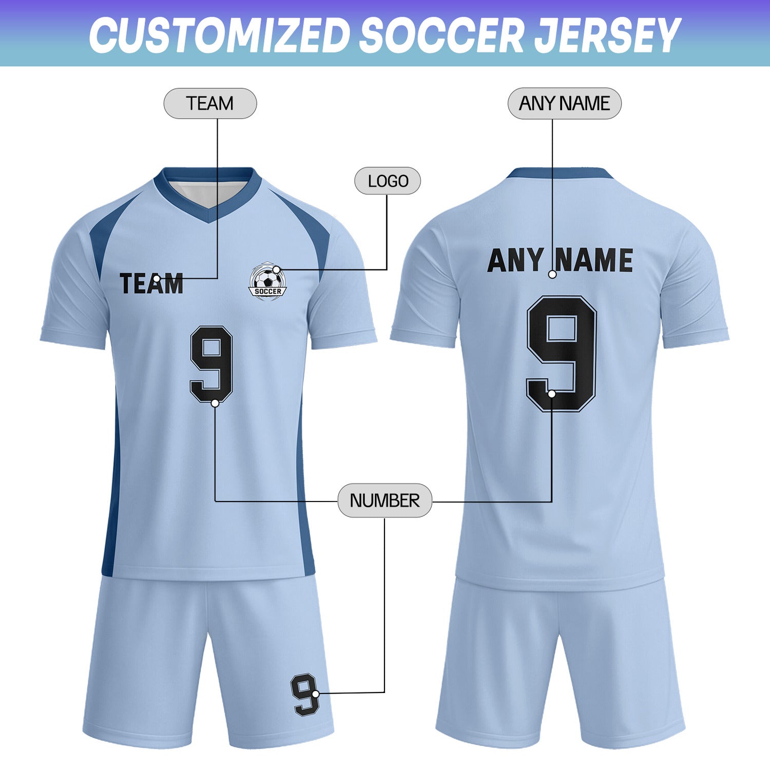 Custom Light Blue & Navy-Black Soccer Uniform Set - Personalized Team Name & Number | Vosoli