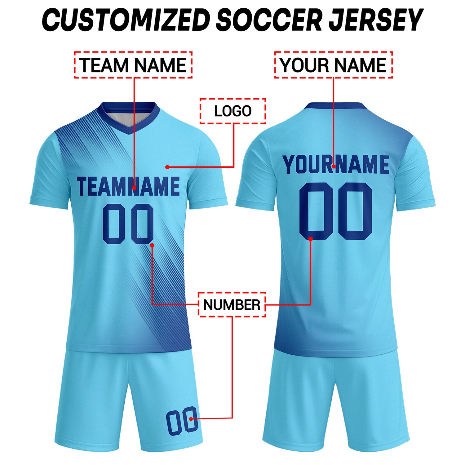 Custom Light Blue & Navy Stripe Soccer Uniform Set for Teams & Individuals | Vosoli