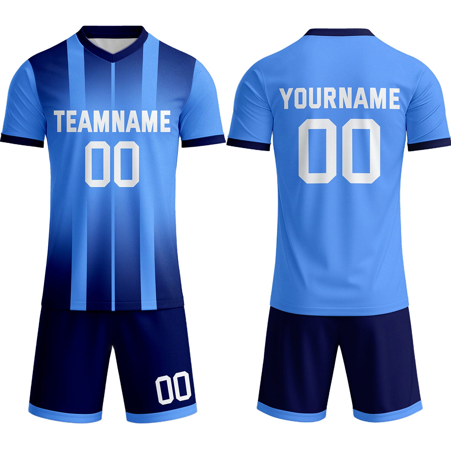 Custom Light Blue & Navy Stripe Gradient Soccer Uniform Set for Teams & Individuals | Vosoli
