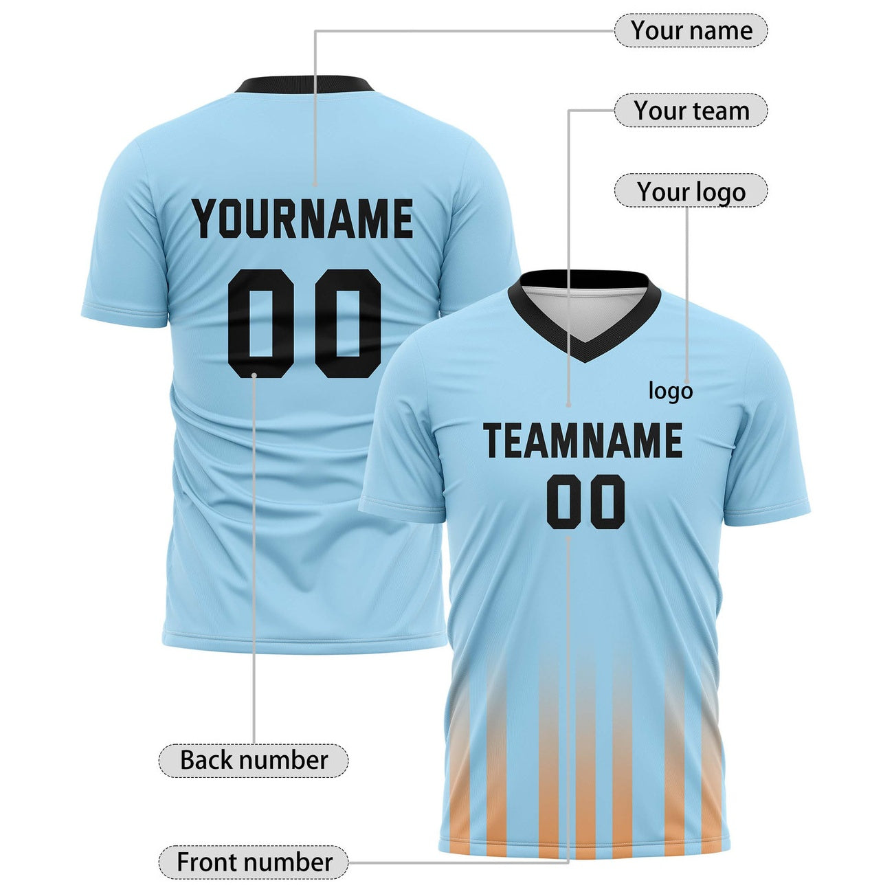 Custom Light Blue & Orange Gradient Stripe Soccer Jersey for Teams & Individuals | Vosoli