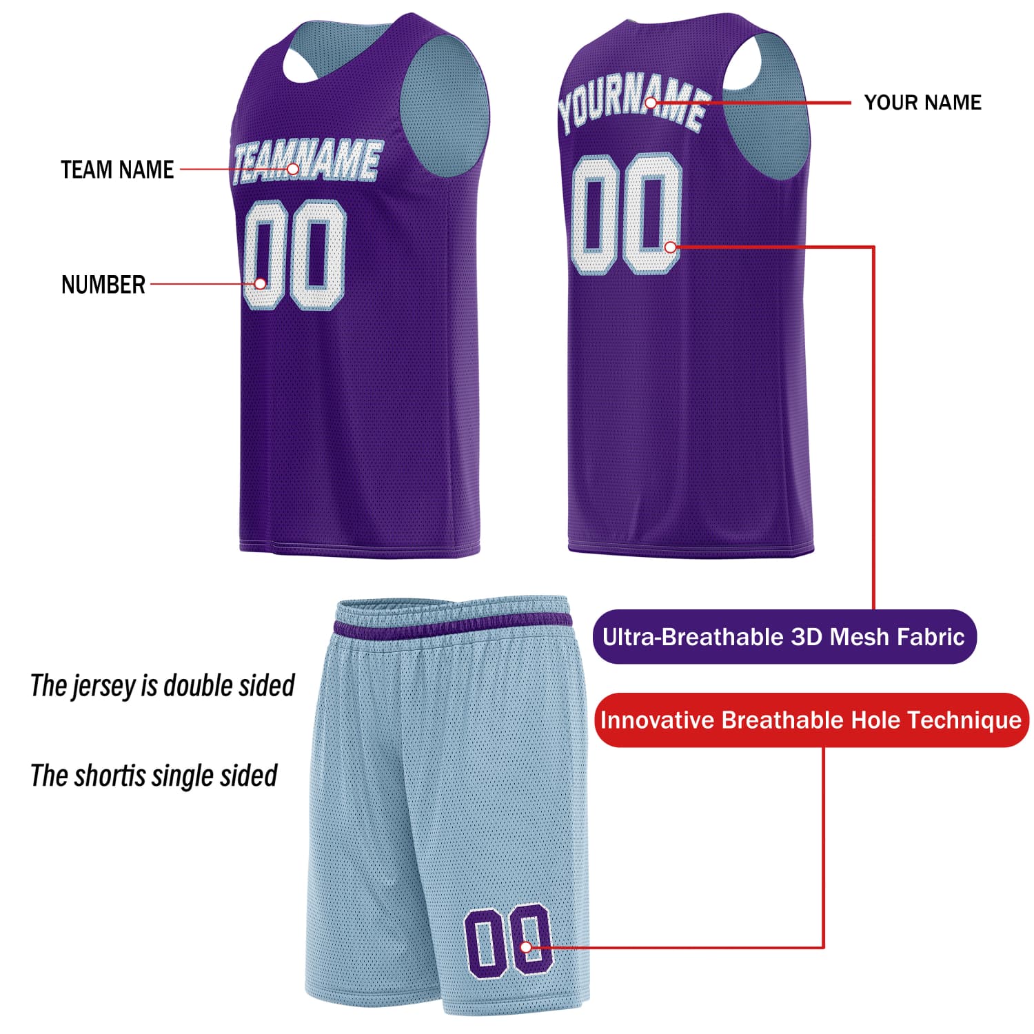 Custom Reversible Basketball Jersey & Shorts Set for Individuals & Teams – Light Blue Purple | Vosoli