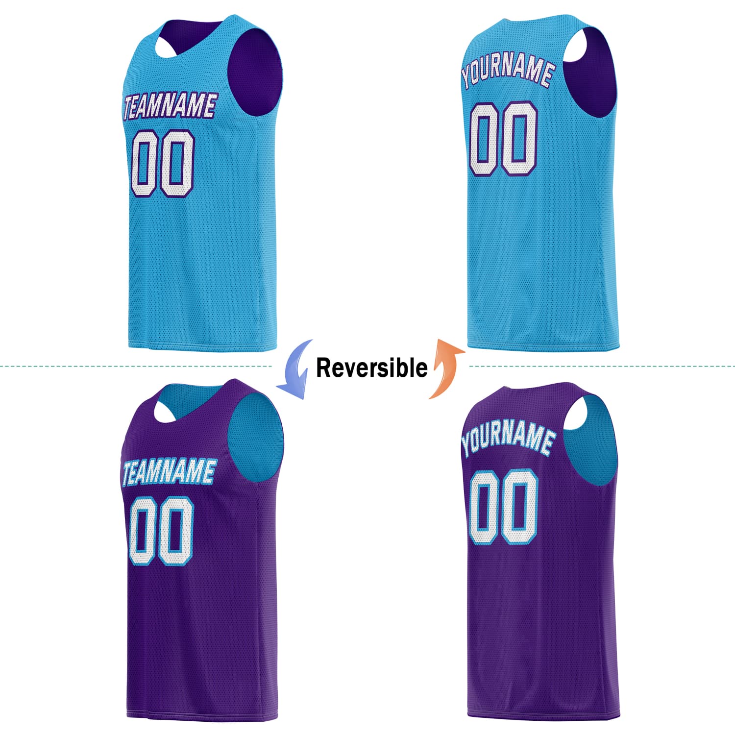 Custom Reversible Basketball Jersey & Shorts Set for Individuals & Teams – Light Blue Purple White | Vosoli