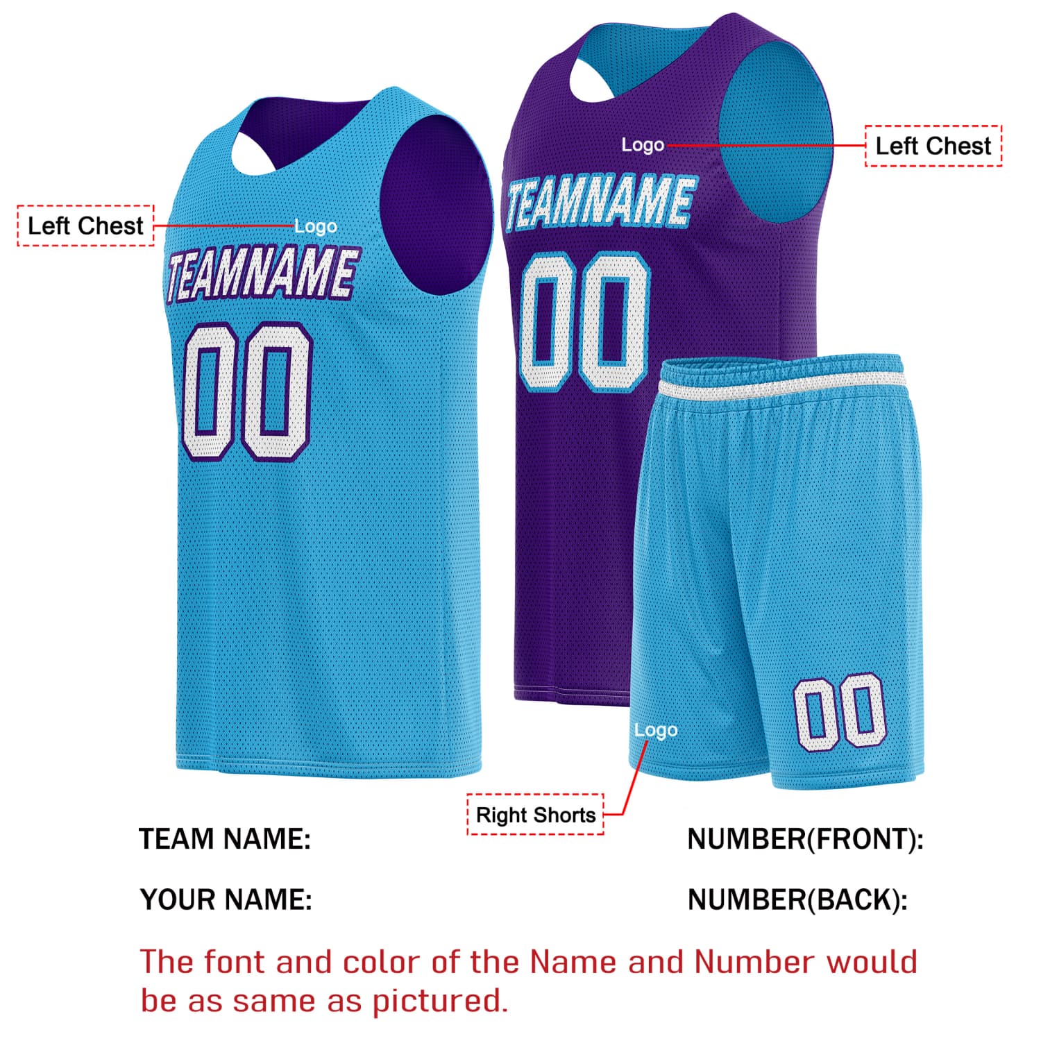 Custom Reversible Basketball Jersey & Shorts Set for Individuals & Teams – Light Blue Purple White | Vosoli