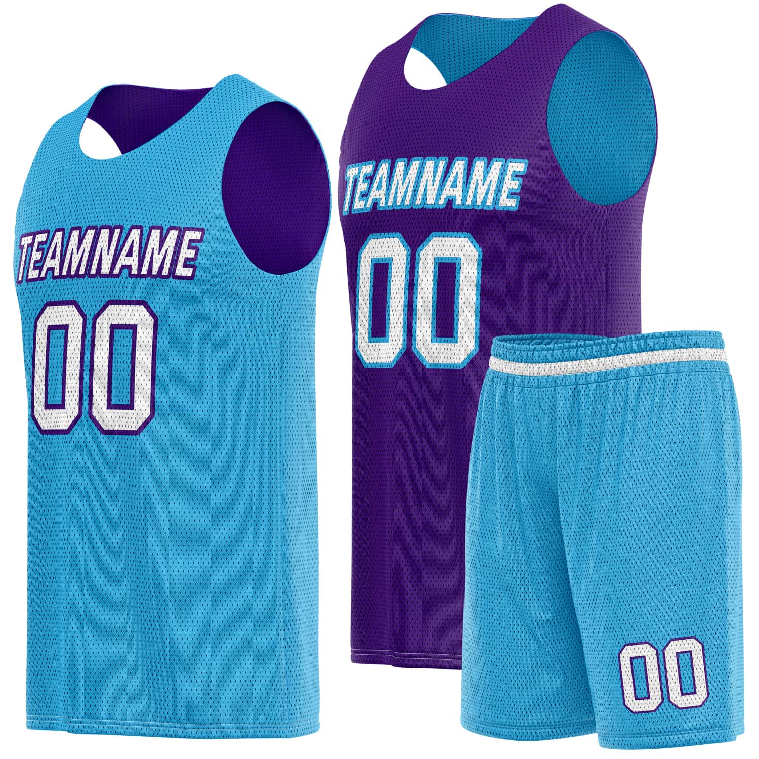 Custom Reversible Basketball Jersey & Shorts Set for Individuals & Teams – Light Blue Purple White | Vosoli