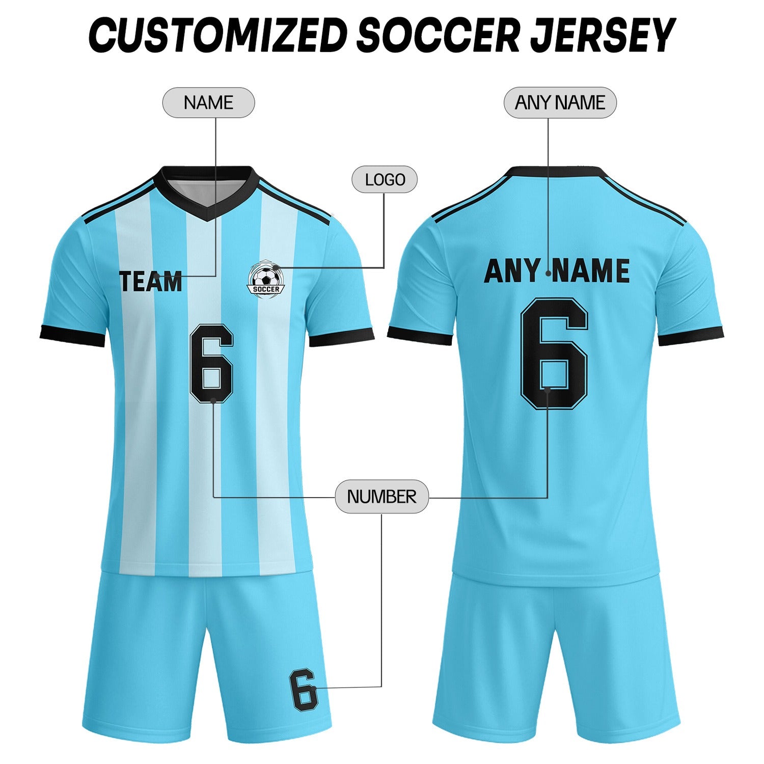 Custom Light Blue & White-Black Striped Soccer Uniform Set for Teams & Individuals | Vosoli