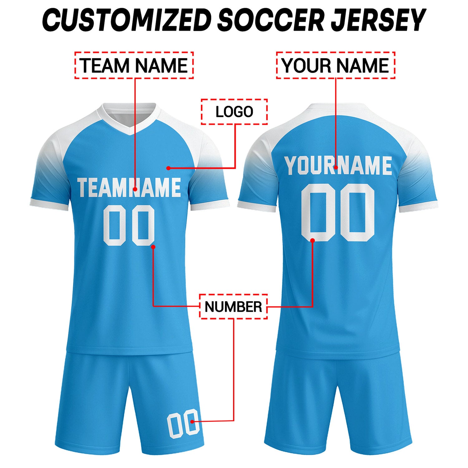 Custom Light Blue & White Raglan Sleeve Soccer Uniform Set for Teams & Individuals | Vosoli