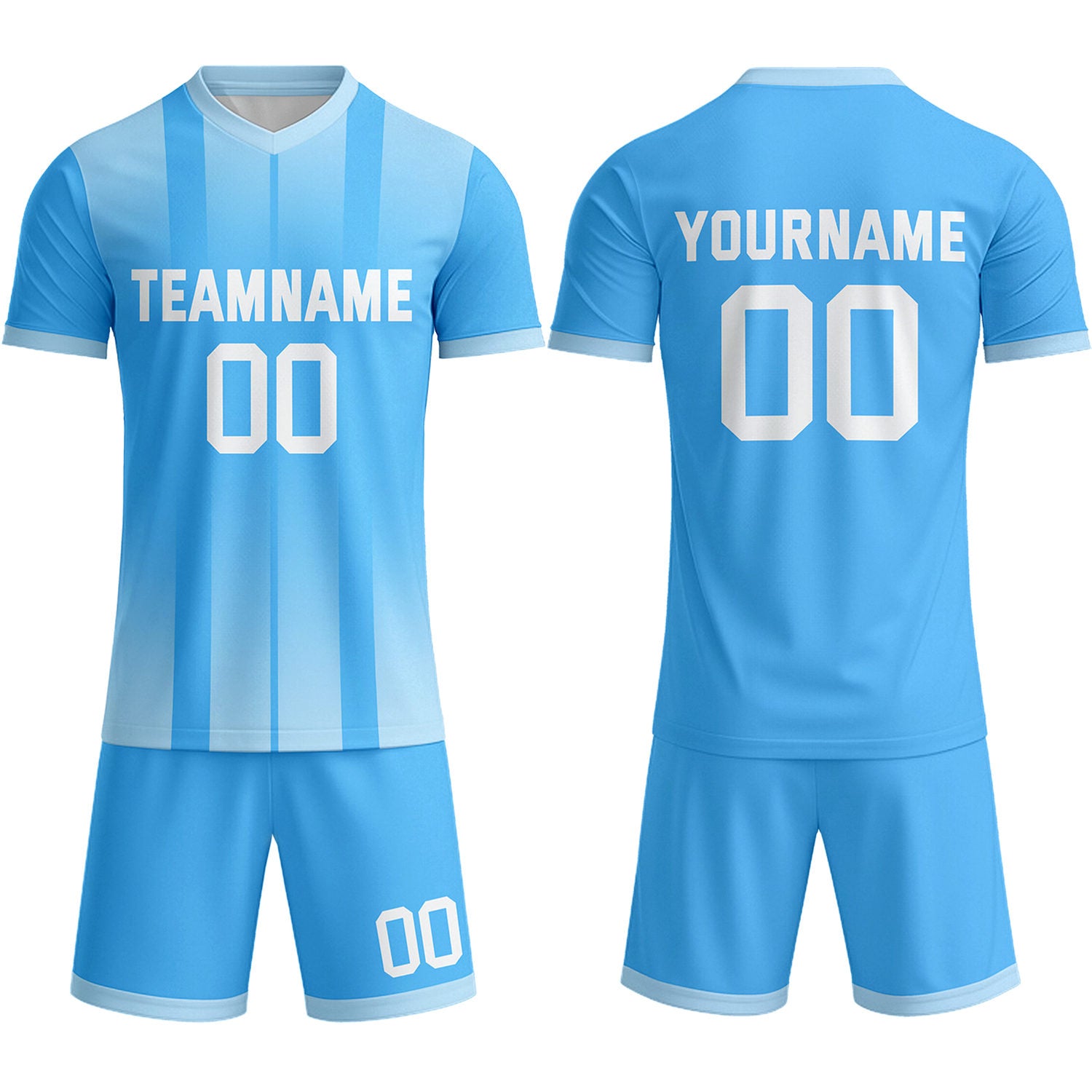 Custom Light Blue & White Stripe Gradient Soccer Uniform Set for Teams & Individuals | Vosoli