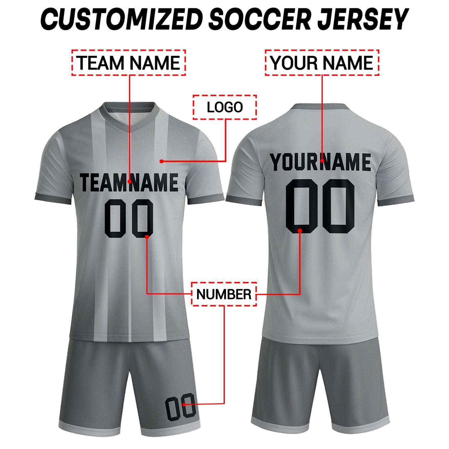 Custom Light Grey Ombre Stripe Soccer Uniform Set for Teams & Individuals | Vosoli