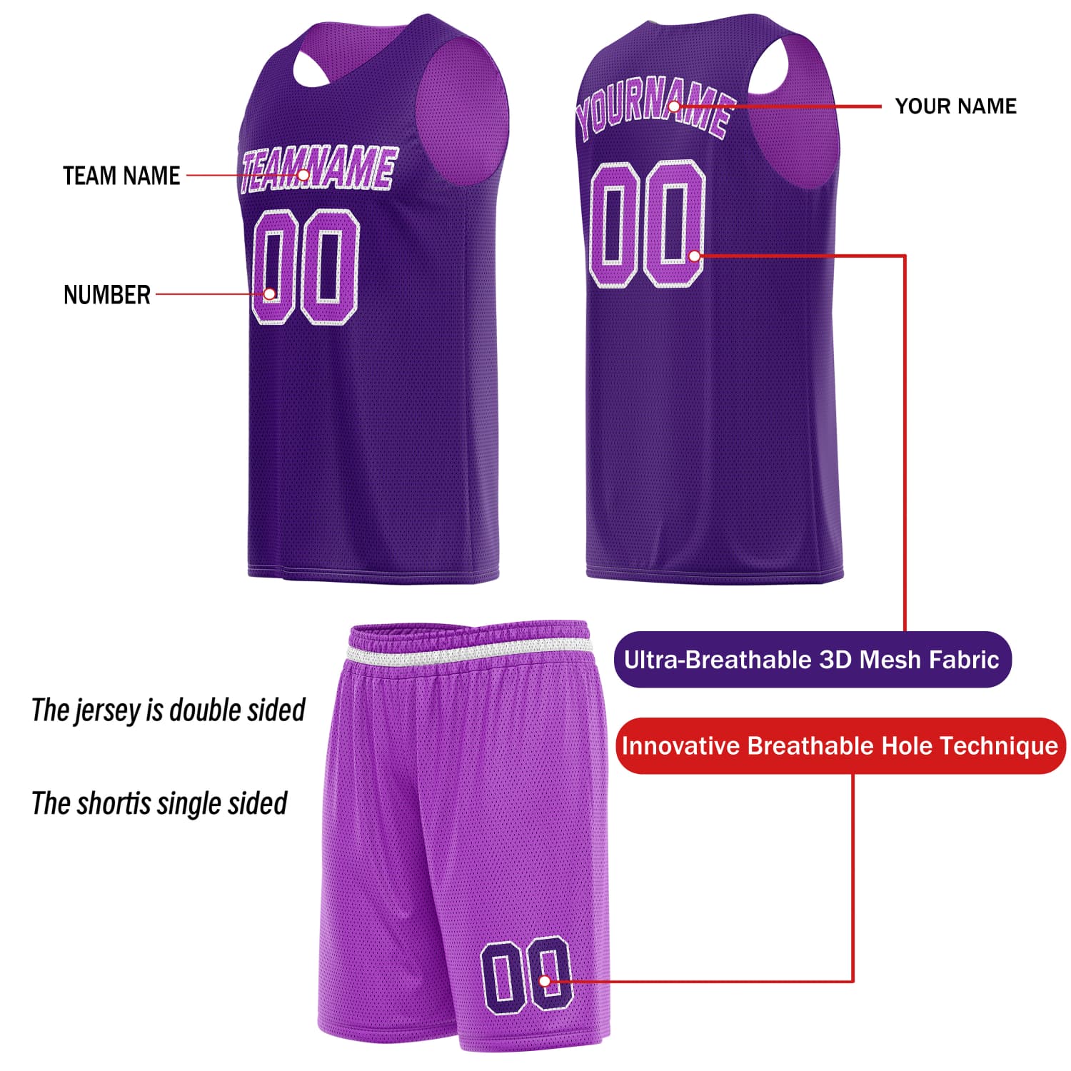 Custom Reversible Basketball Jersey & Shorts Set for Individuals & Teams – Light Purple Dark Purple | Vosoli