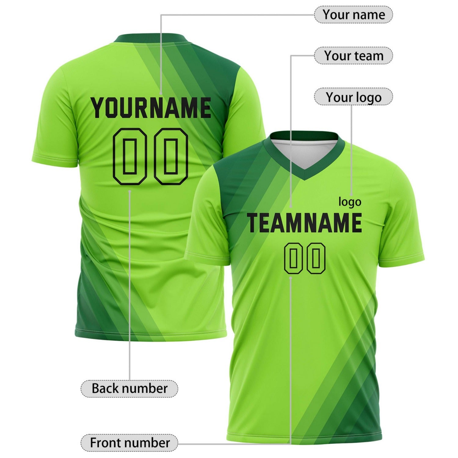 Custom Lime Green & Deep Green Diagonal Stripe Soccer Jersey for Teams & Individuals | Vosoli