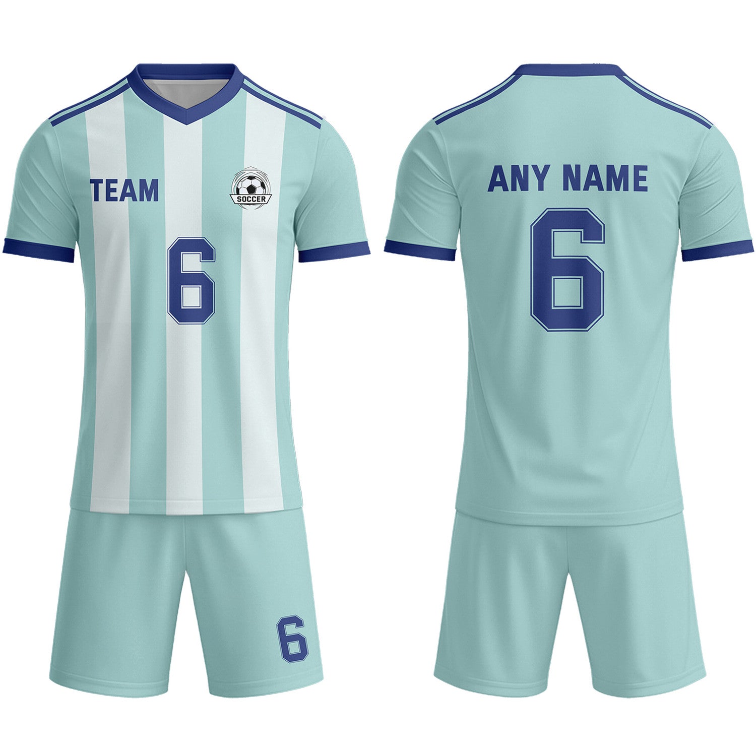 Custom Mint Green & White-Navy Striped Soccer Uniform Set for Teams & Individuals | Vosoli