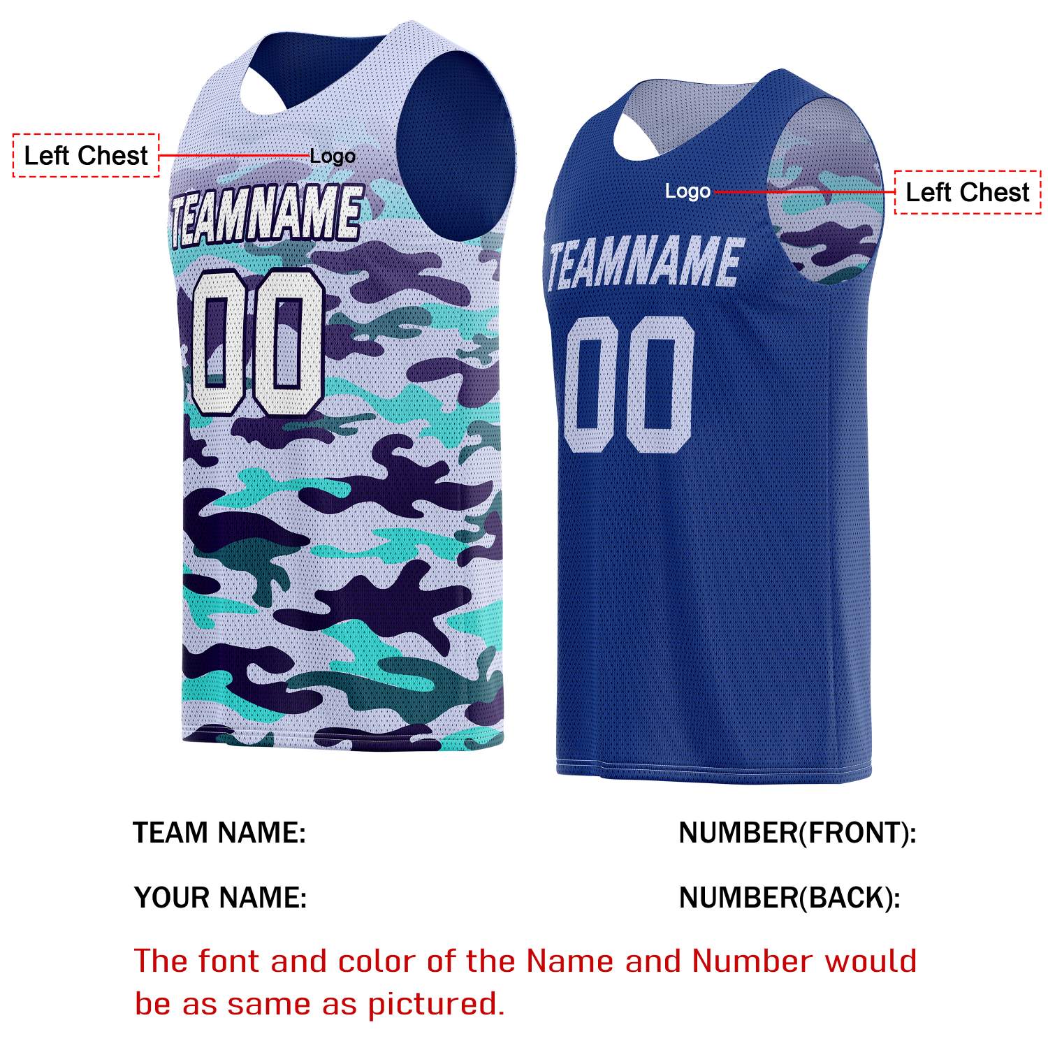 Custom Reversible Basketball Jersey for Individuals & Teams – Multi-Color Camo & Navy | Vosoli