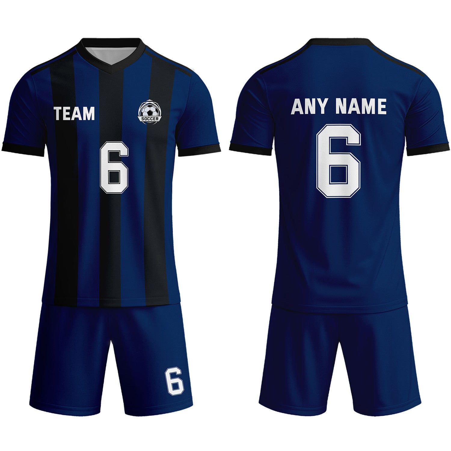 Custom Navy Blue & Black-White Striped Soccer Uniform Set for Teams & Individuals | Vosoli