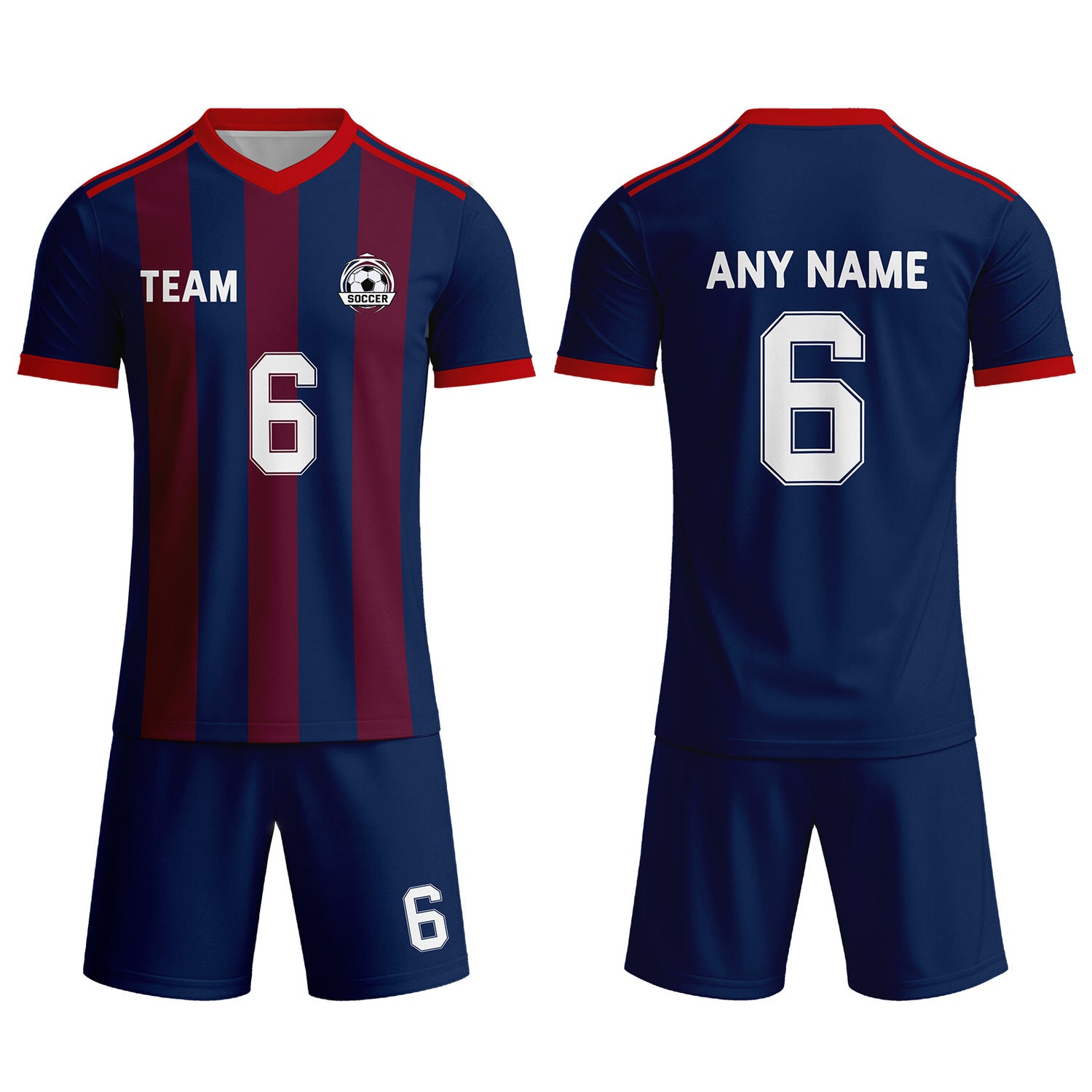 Custom Navy Blue & Burgundy-Red Striped Soccer Uniform Set for Teams & Individuals | Vosoli
