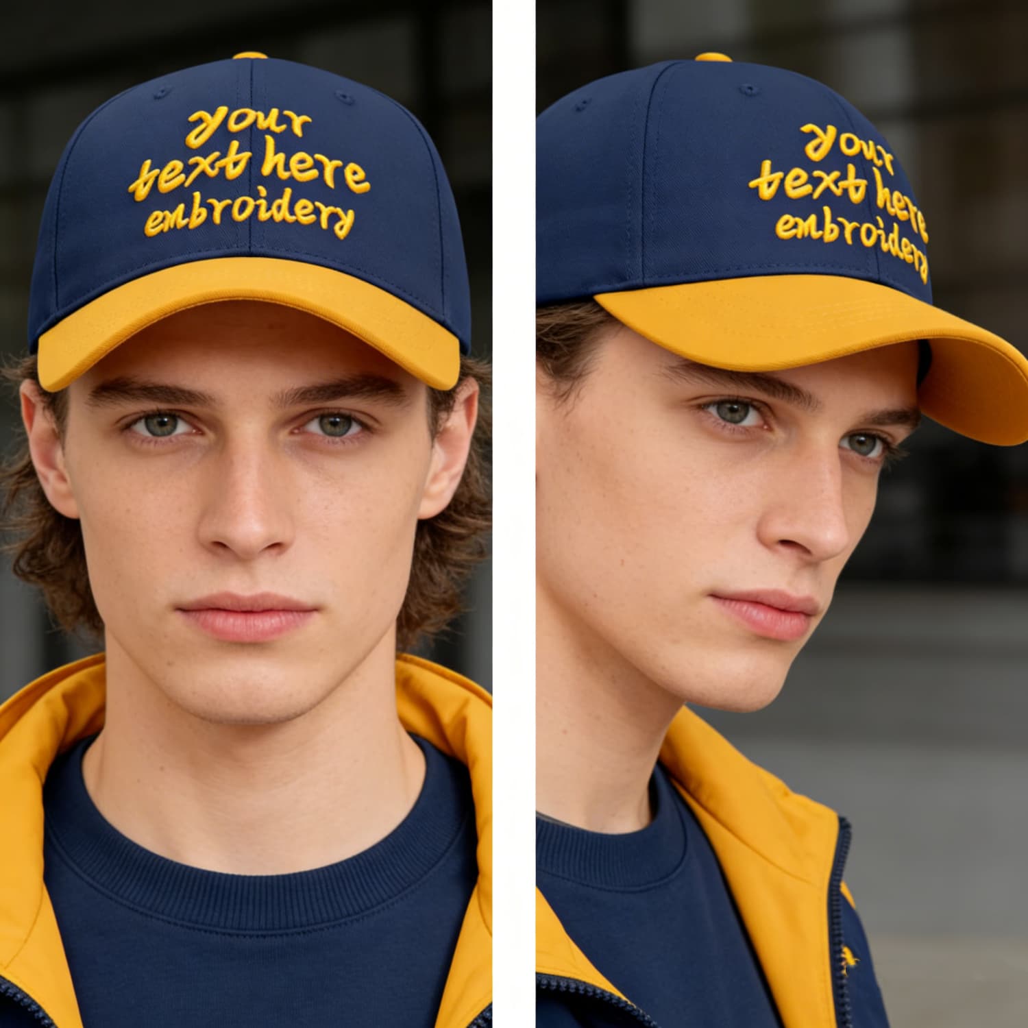 Vosoli Navy Blue & Gold Color-Block Baseball Cap - Unisex Custom 3D Embroidery or Print Ha