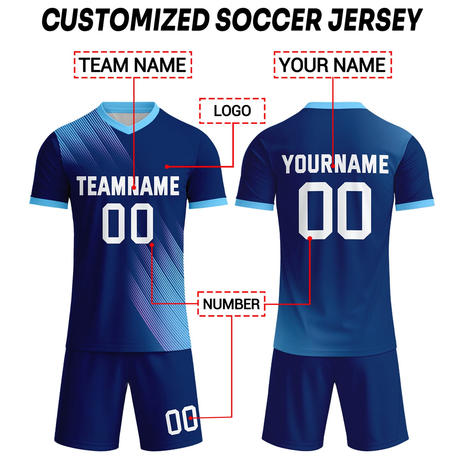 Custom Navy & Light Blue Stripe Soccer Uniform Set (Jersey + Shorts) for Teams & Individuals | Vosoli