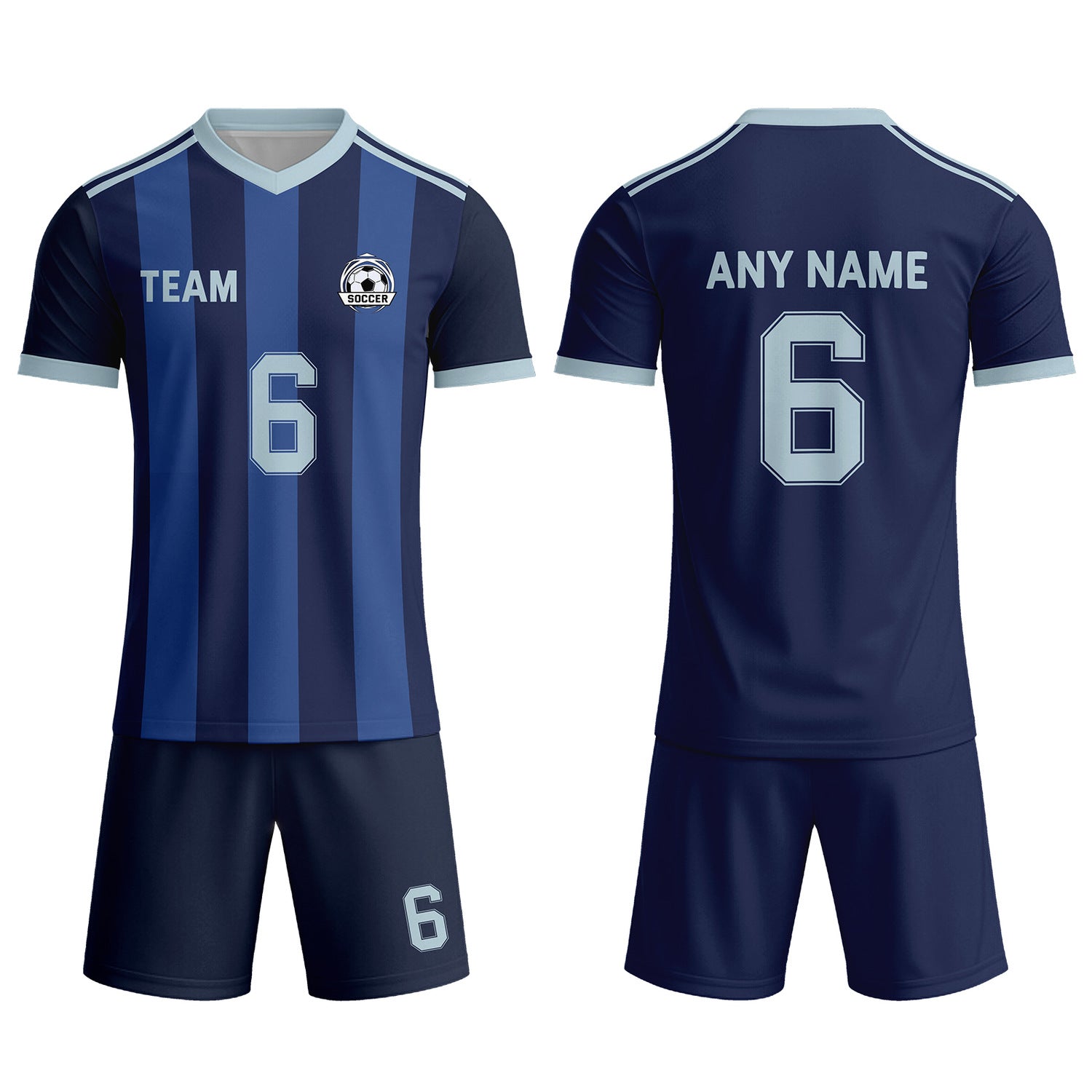 Custom Navy Blue & Light Blue Striped Soccer Uniform Set for Teams & Individuals | Vosoli