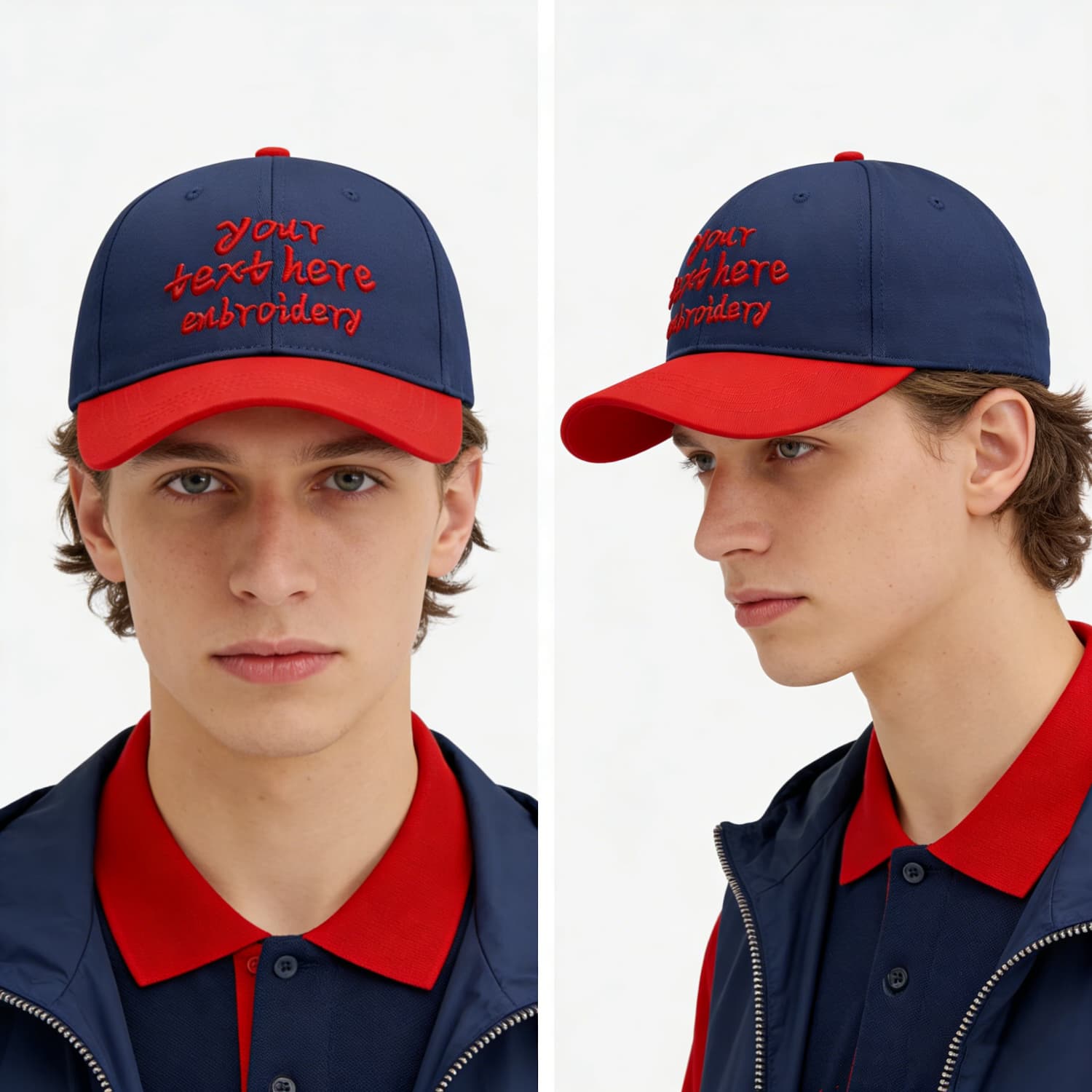 Vosoli Navy Blue & Red Color-Block Baseball Cap - Unisex Custom 3D Embroidery or Print Hat