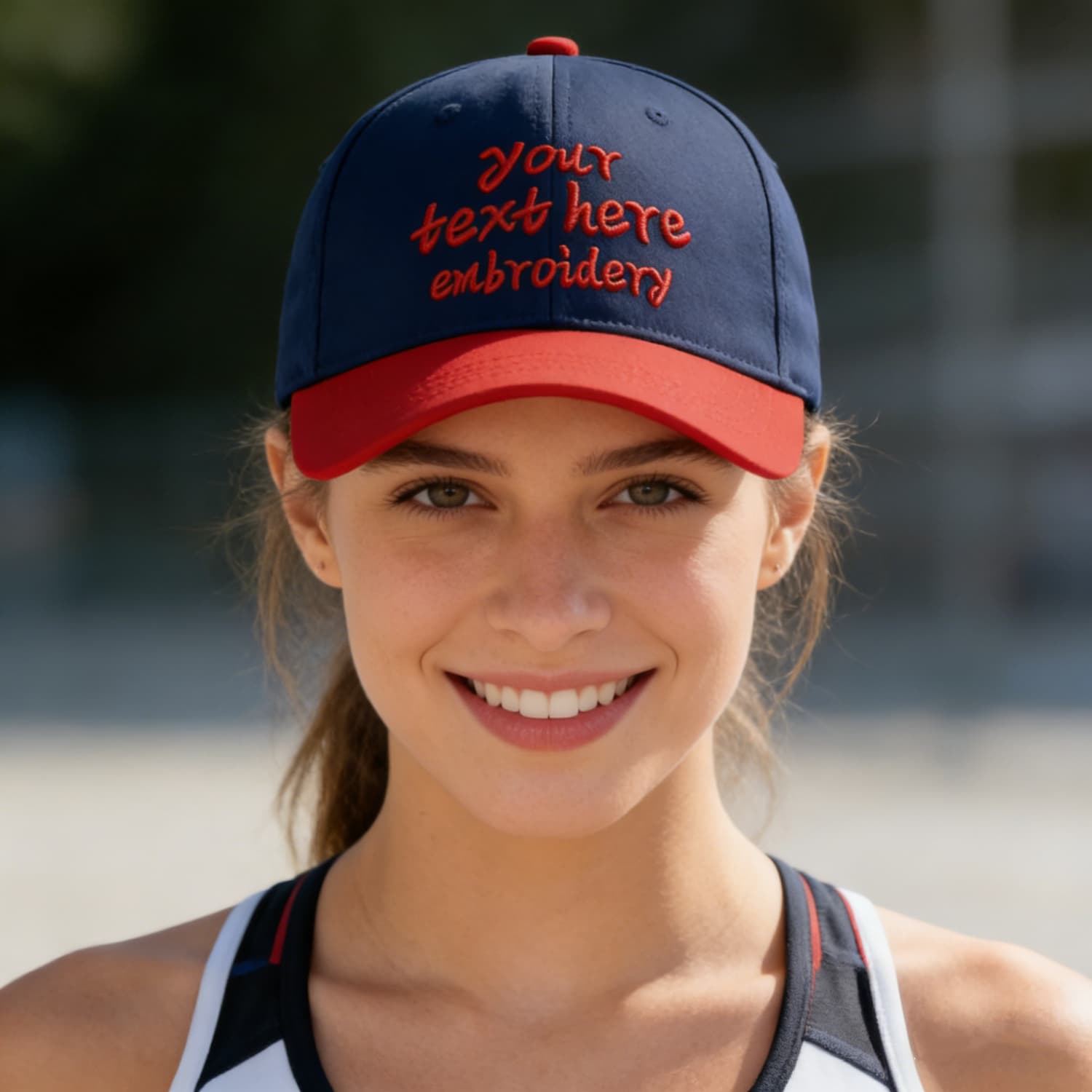 Vosoli Navy Blue & Red Color-Block Baseball Cap - Unisex Custom 3D Embroidery or Print Hat