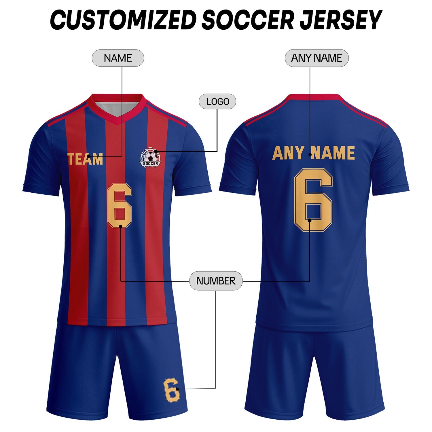Custom Navy Blue & Red-Gold Striped Soccer Uniform Set for Teams & Individuals | Vosoli