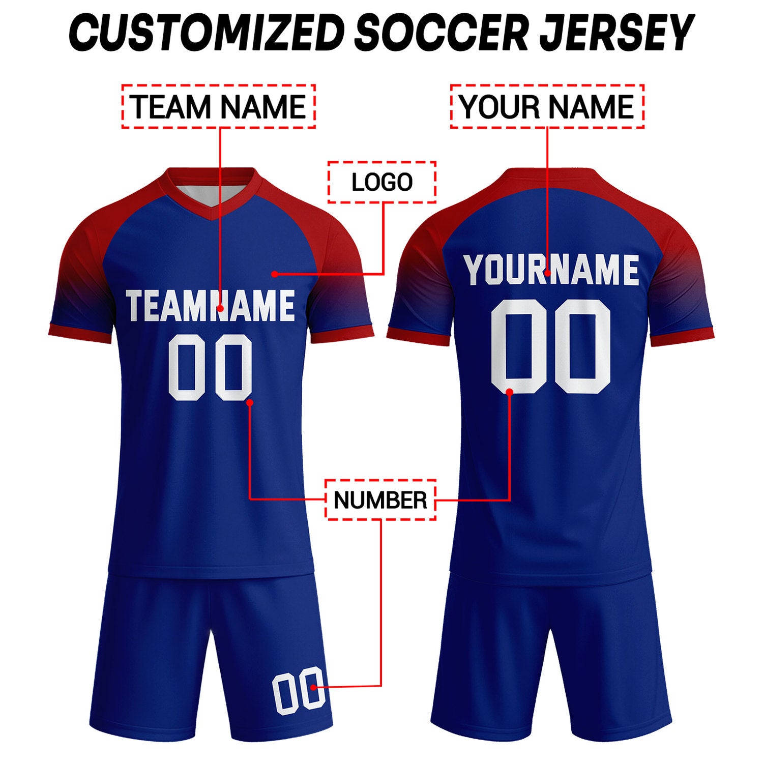 Custom Navy Blue & Red Raglan Sleeve Soccer Uniform Set for Teams & Individuals | Vosoli