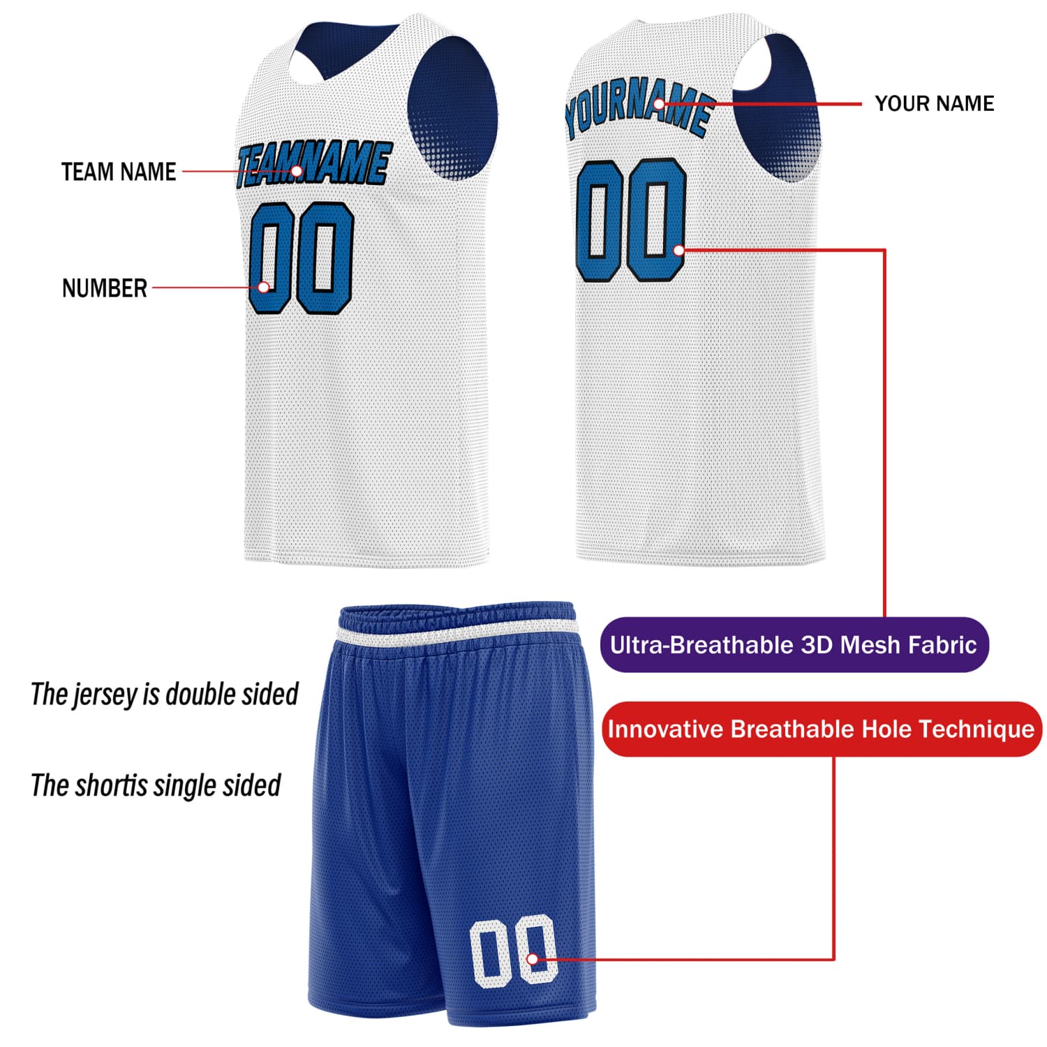 Custom Reversible Basketball Jersey & Shorts Set for Individuals & Teams – Navy Blue White Dot Gradient | Vosoli