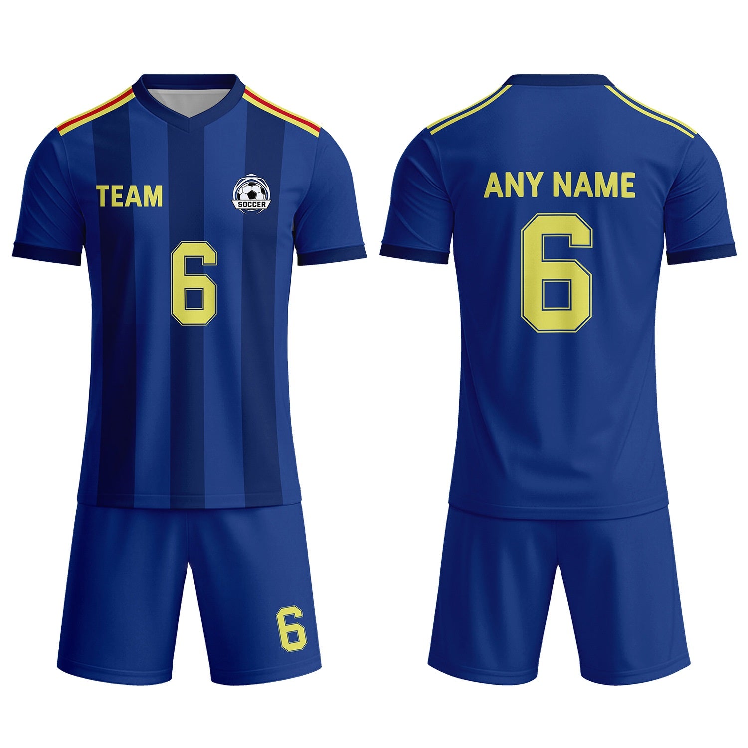 Custom Navy Blue & Yellow Striped Soccer Uniform Set for Teams & Individuals | Vosoli