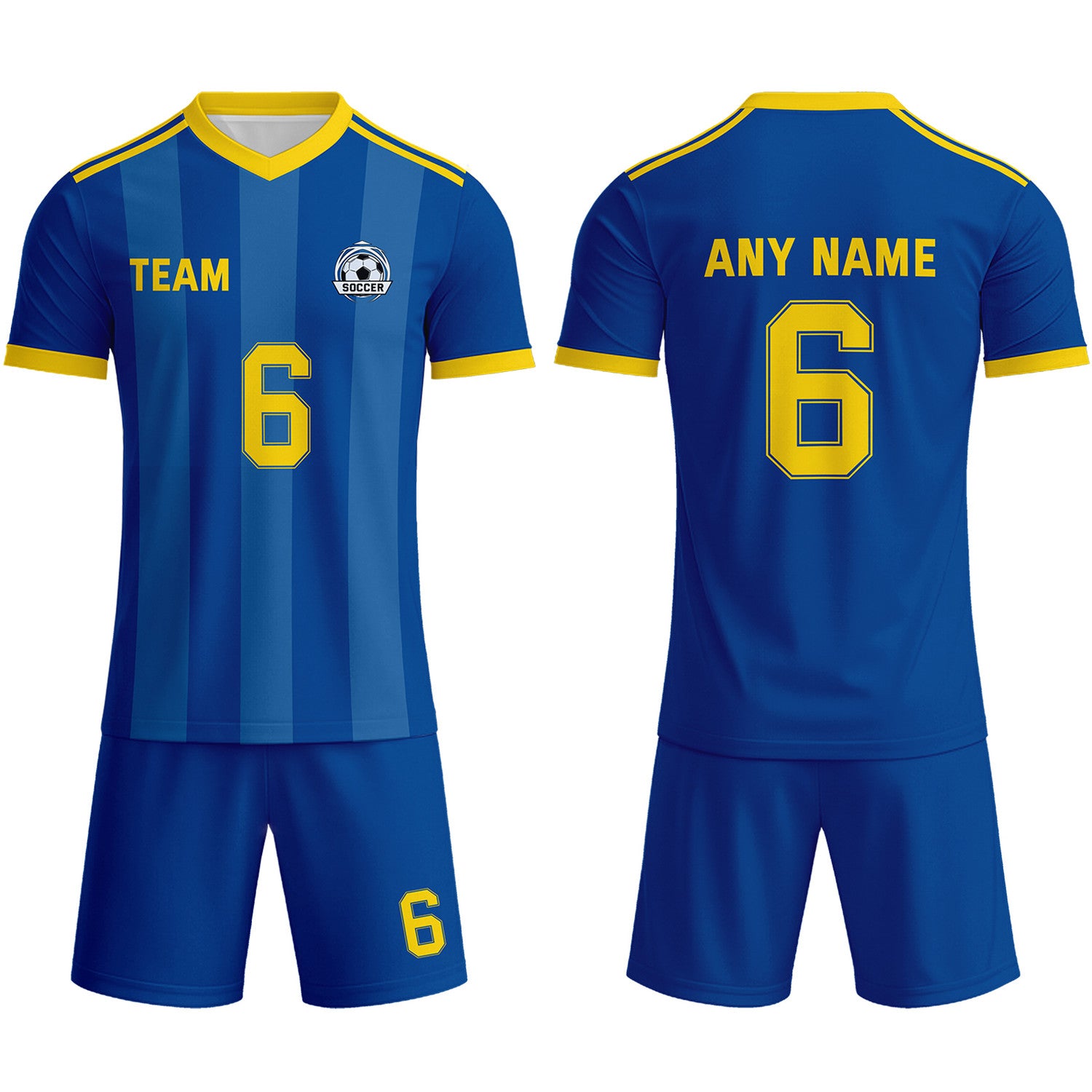 Custom Navy Blue & Yellow Striped Soccer Uniform Set for Teams & Individuals | Vosoli