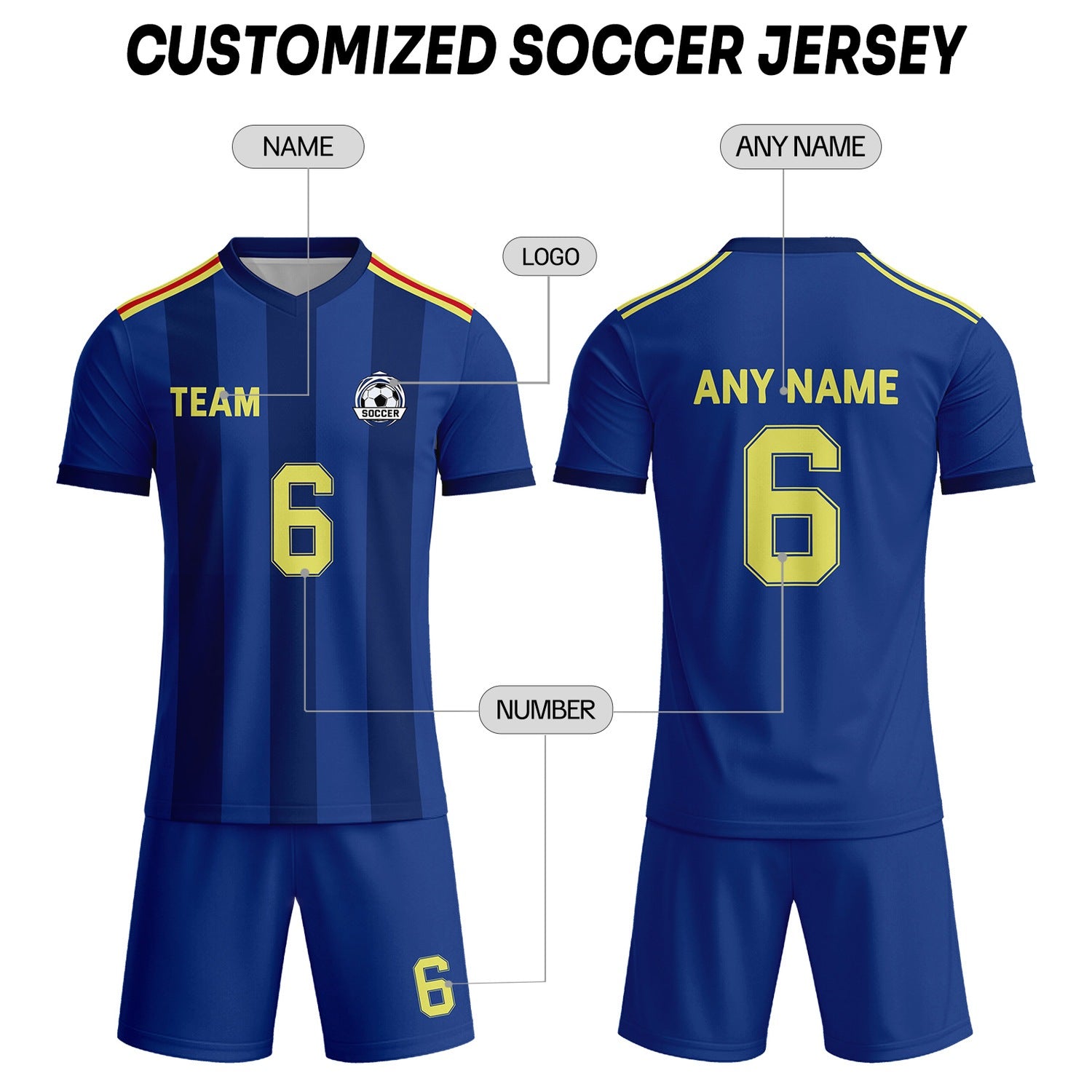 Custom Navy Blue & Yellow Striped Soccer Uniform Set for Teams & Individuals | Vosoli