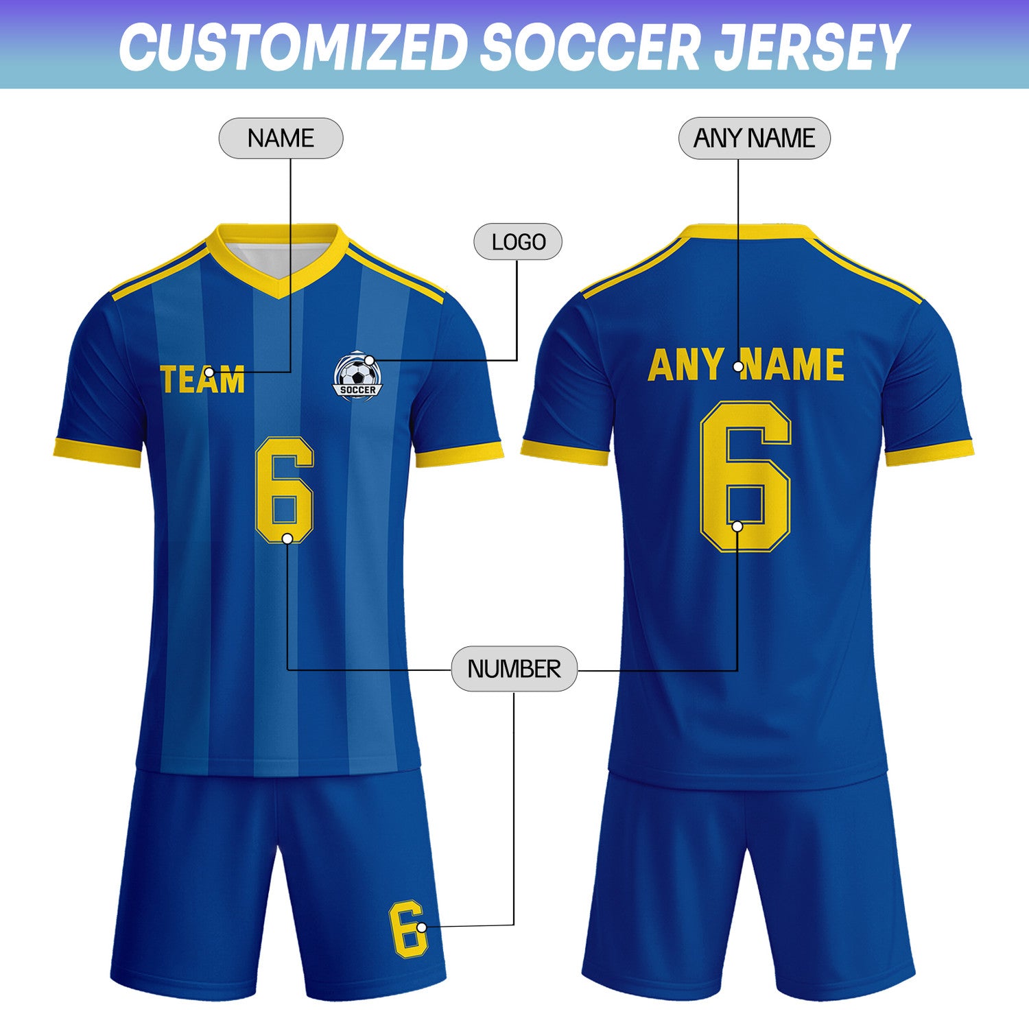 Custom Navy Blue & Yellow Striped Soccer Uniform Set for Teams & Individuals | Vosoli