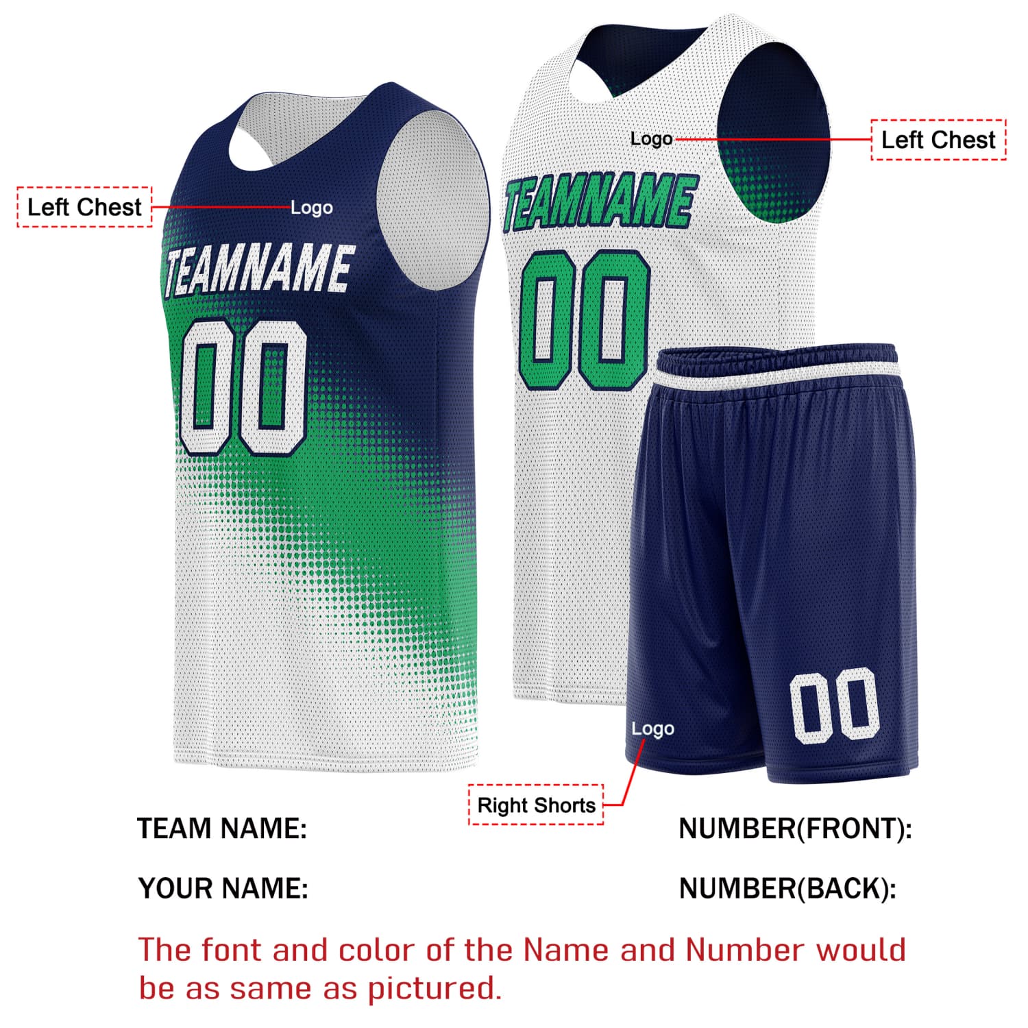 Custom Reversible Basketball Jersey & Shorts Set for Individuals & Teams – Navy Green White Dot Gradient | Vosoli