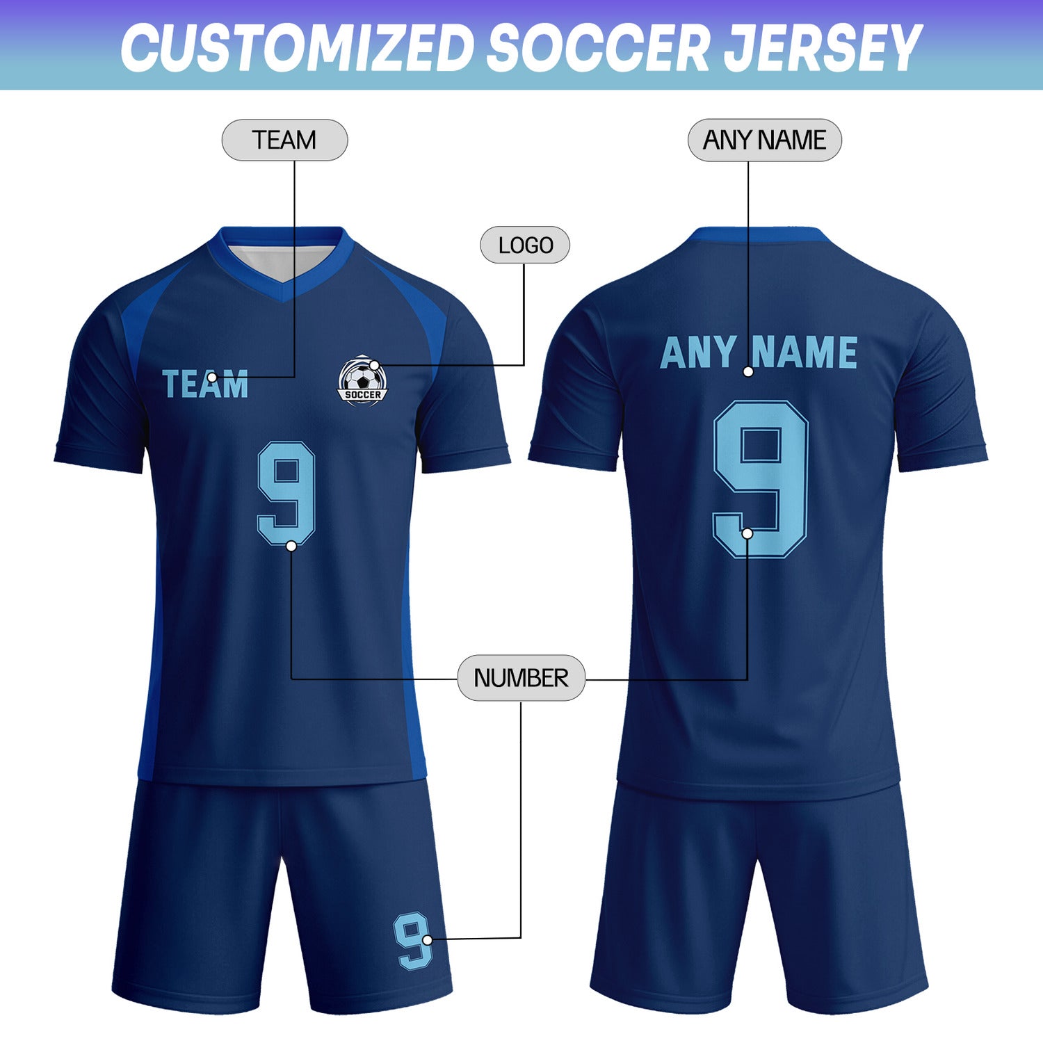 Custom Navy & Light Blue Soccer Uniform Set - Personalized Team Name & Number | Vosoli