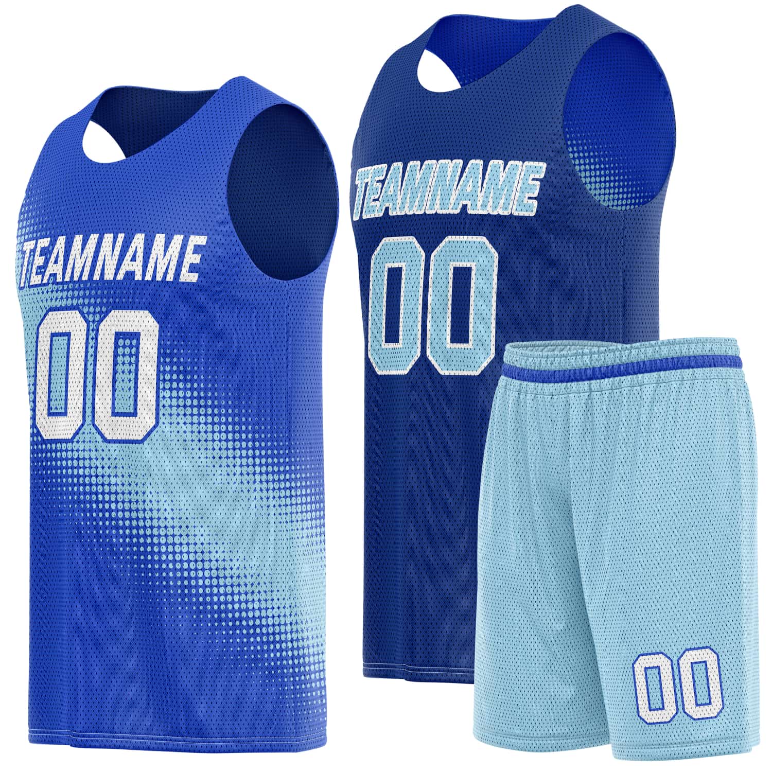 Custom Reversible Basketball Jersey & Shorts Set for Individuals & Teams – Navy Light Blue White Dot Gradient | Vosoli