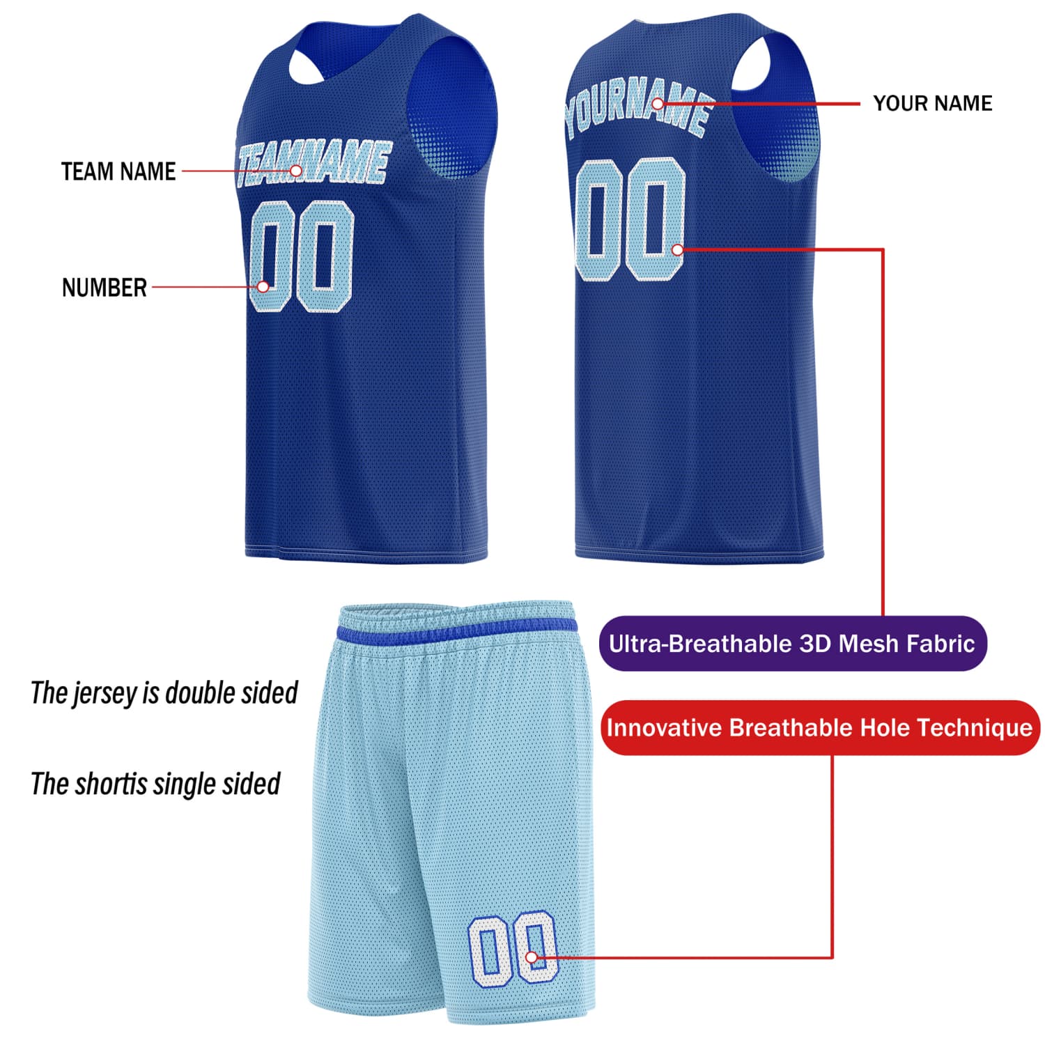 Custom Reversible Basketball Jersey & Shorts Set for Individuals & Teams – Navy Light Blue White Dot Gradient | Vosoli