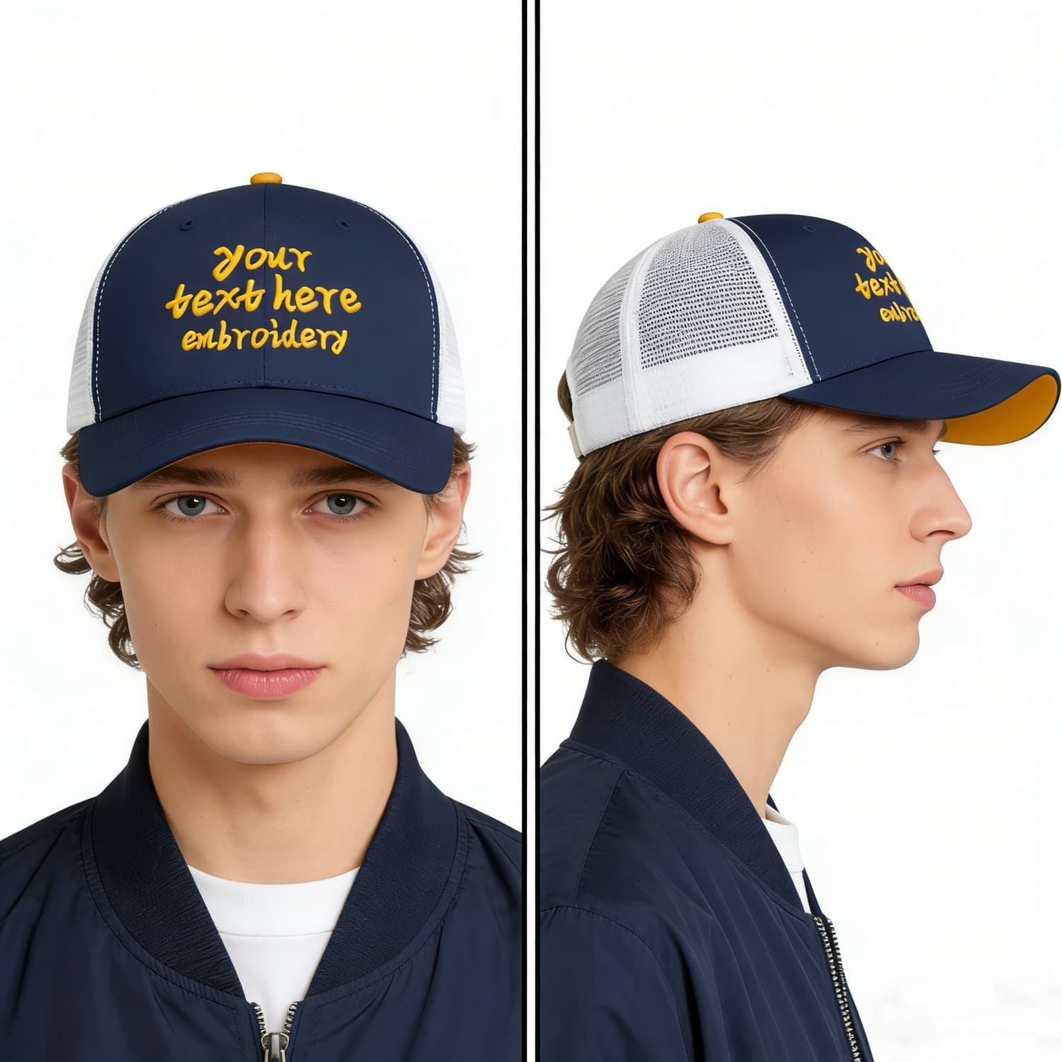 Vosoli Navy & White Mesh-Back Trucker Cap - Unisex Personal & Team Custom 3D Embroidery or Print Hat