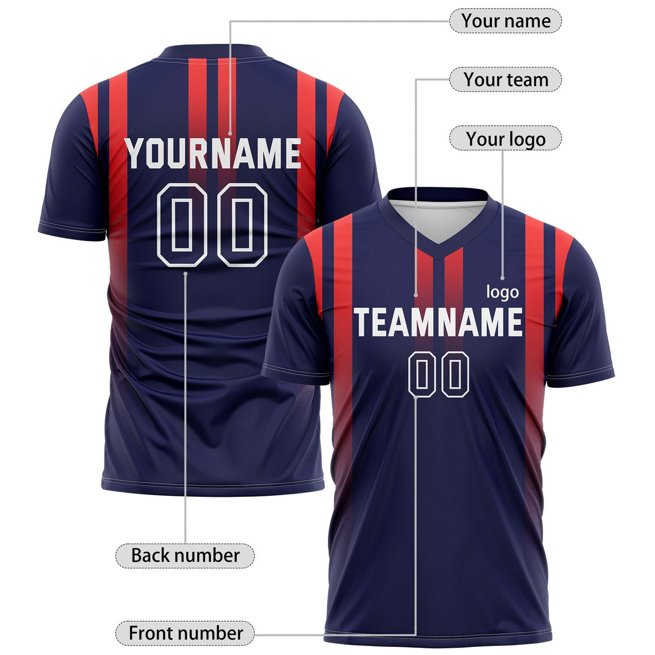 Custom Navy & Red Vertical Stripe Soccer Jerseys for Teams & Individuals | Vosoli
