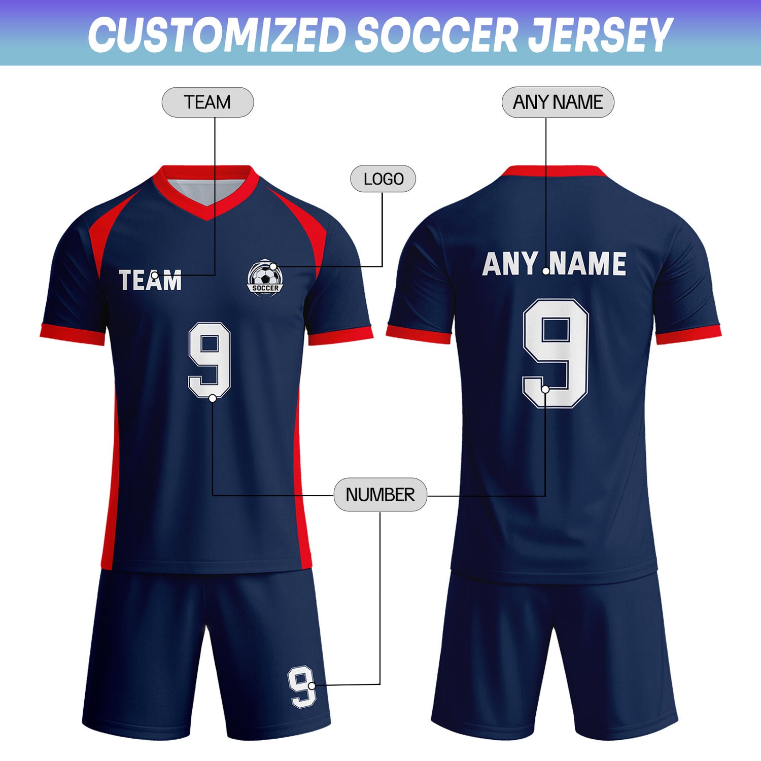 Custom Navy & Red-White Soccer Uniform Set - Personalized Team Name & Number | Vosoli