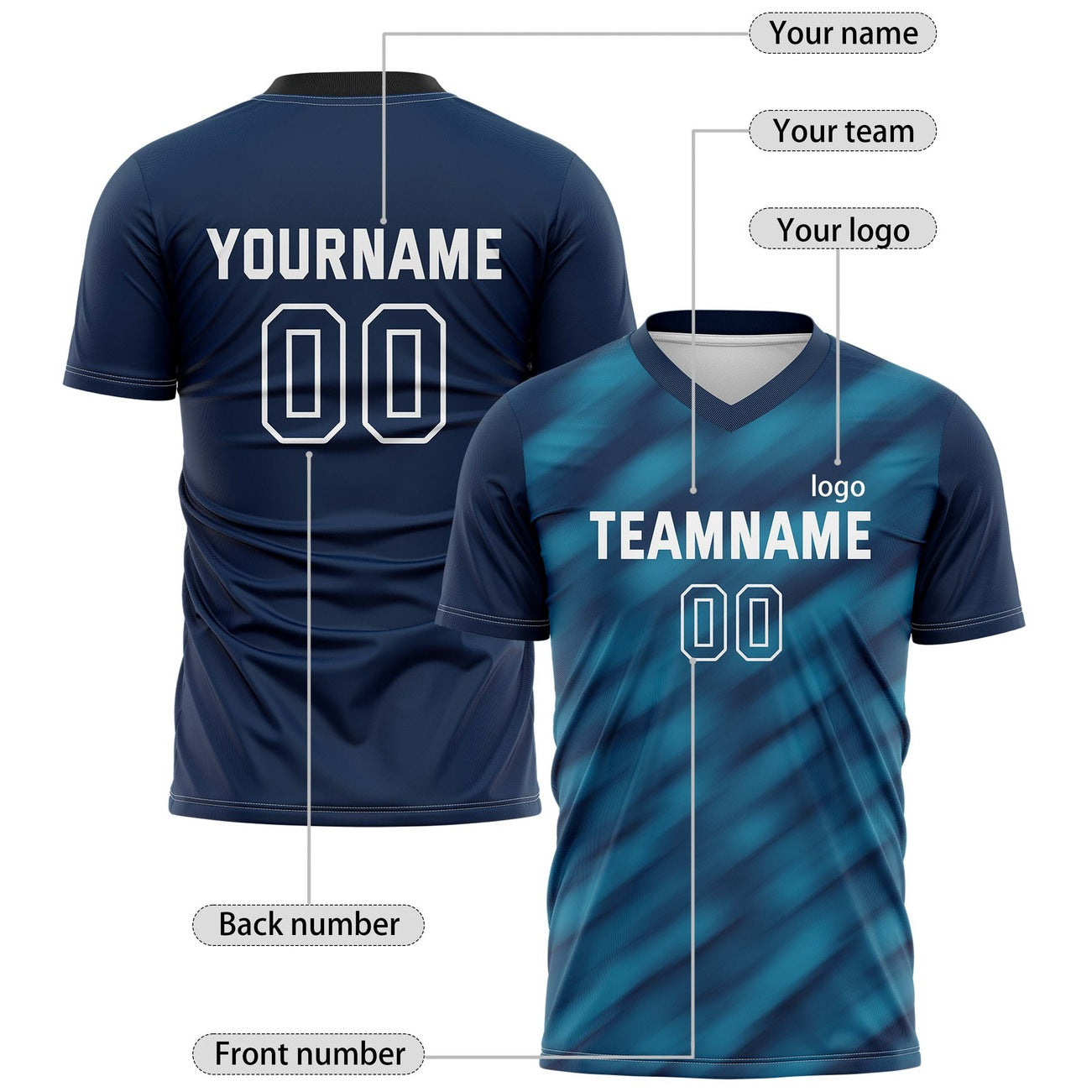 Custom Navy & Teal Gradient Stripe Soccer Jersey for Teams & Individuals | Vosoli