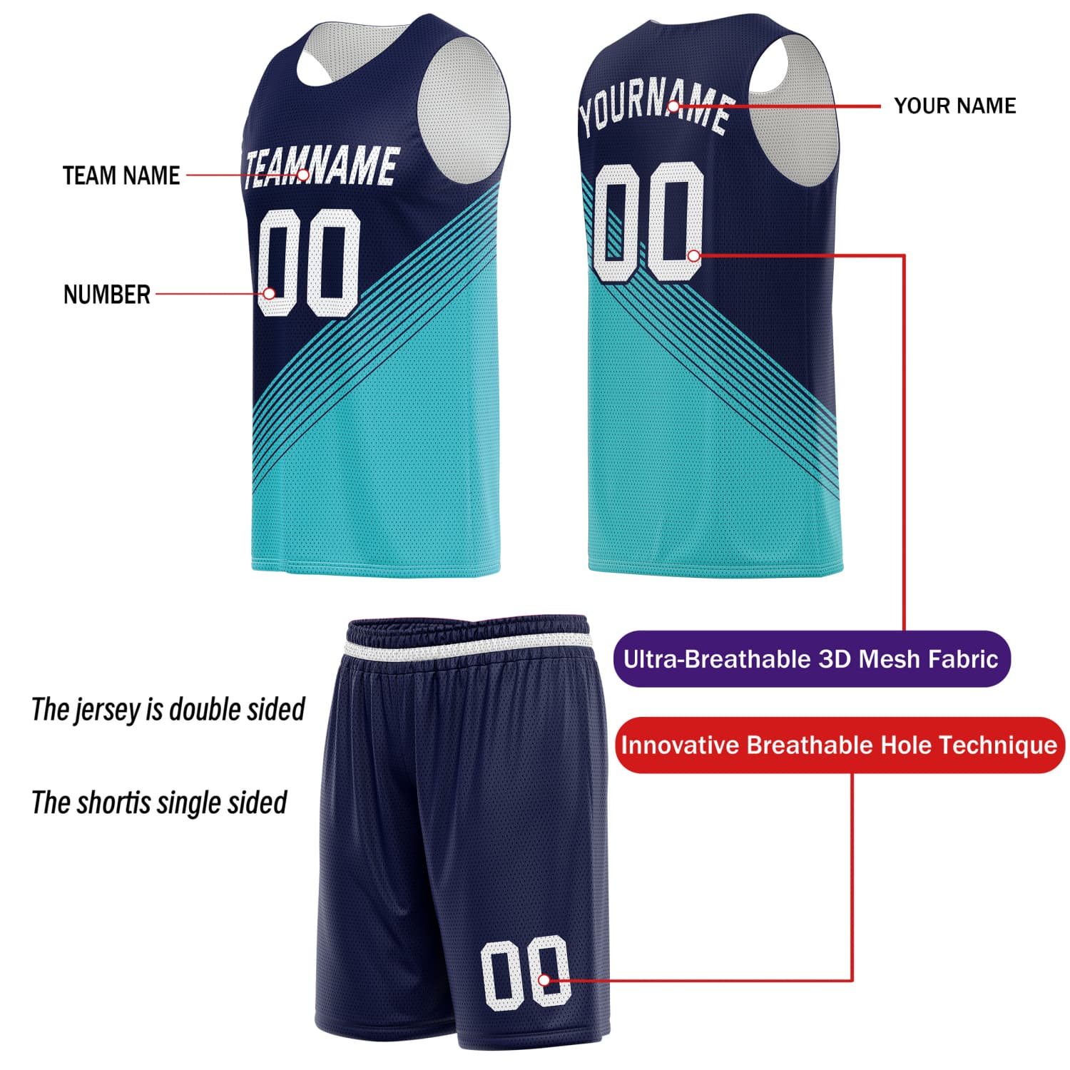 Custom Reversible Basketball Jersey & Shorts Set for Individuals & Teams – Navy Teal White Diagonal Stripe | Vosoli