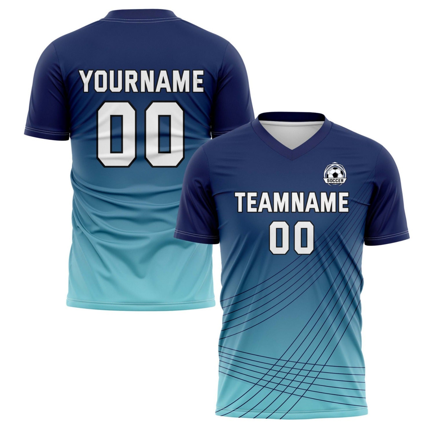 Custom Navy-to-Teal Gradient Soccer Jersey - Personalized Team Name & Player Number for Matches | Vosoli