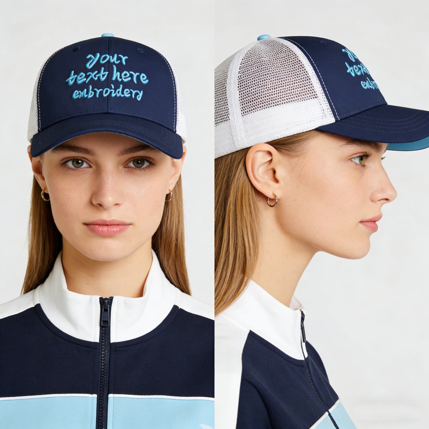 Vosoli Navy & White Mesh-Back Trucker Cap - Unisex Personal & Team Custom 3D Embroidery or Print Hat