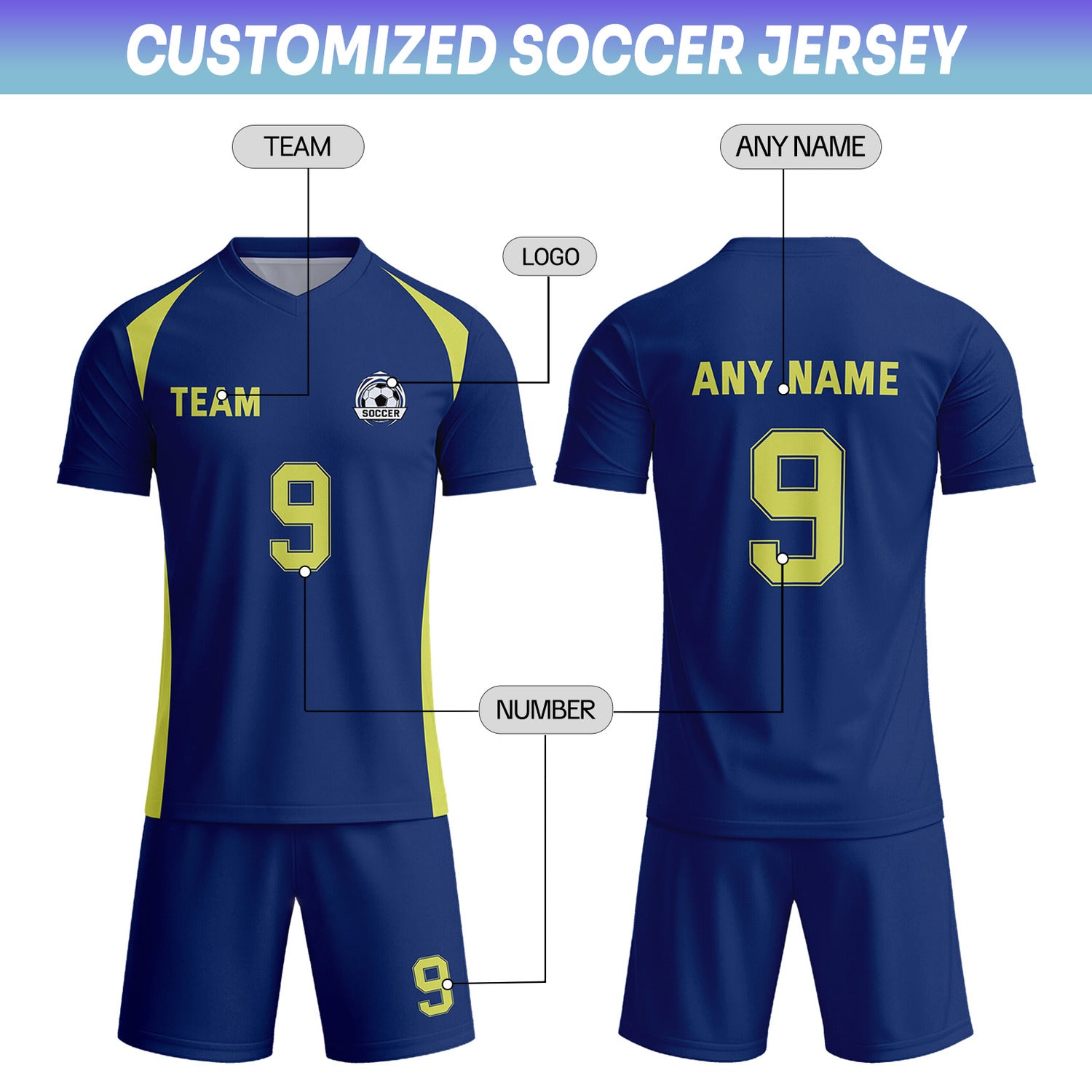 Custom Navy & Yellow Soccer Uniform Set - Personalized Team Name & Number | Vosoli