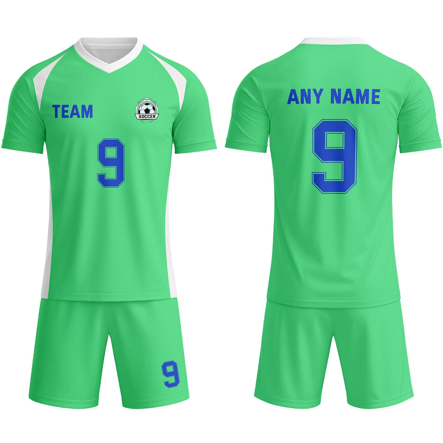 Custom Neon Green & White-Blue Soccer Uniform Set - Personalized Team Name & Number | Vosoli