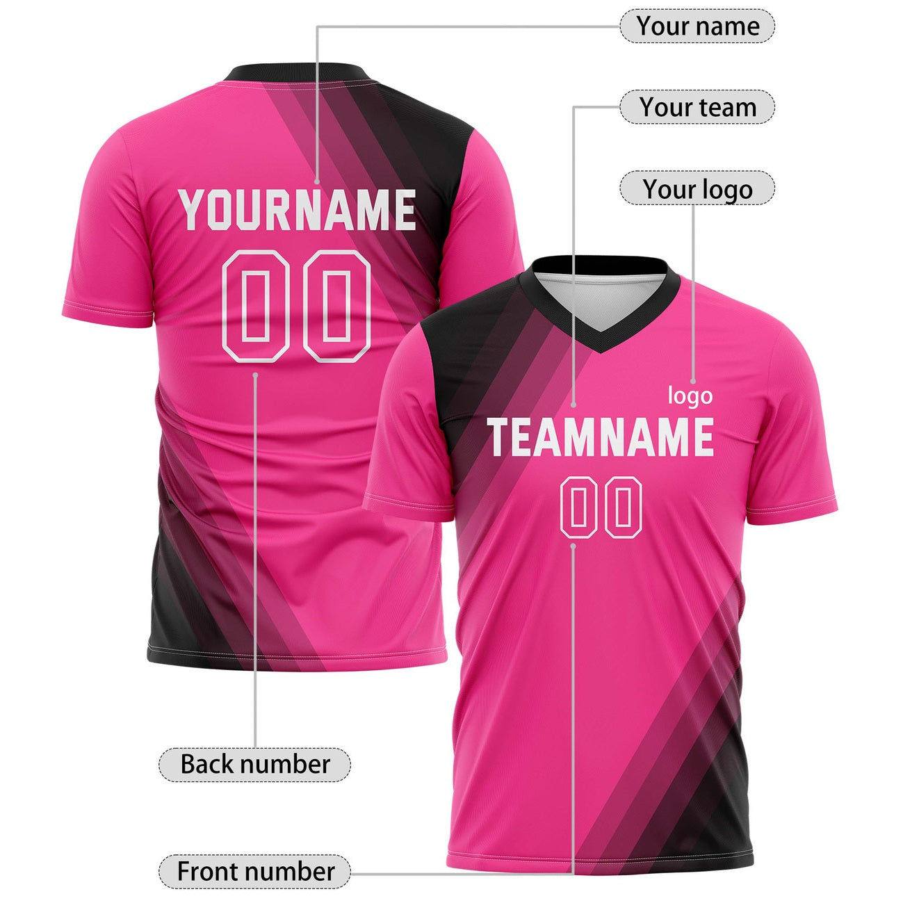 Custom Neon Pink & Black Diagonal Stripe Soccer Jersey for Teams & Individuals | Vosoli