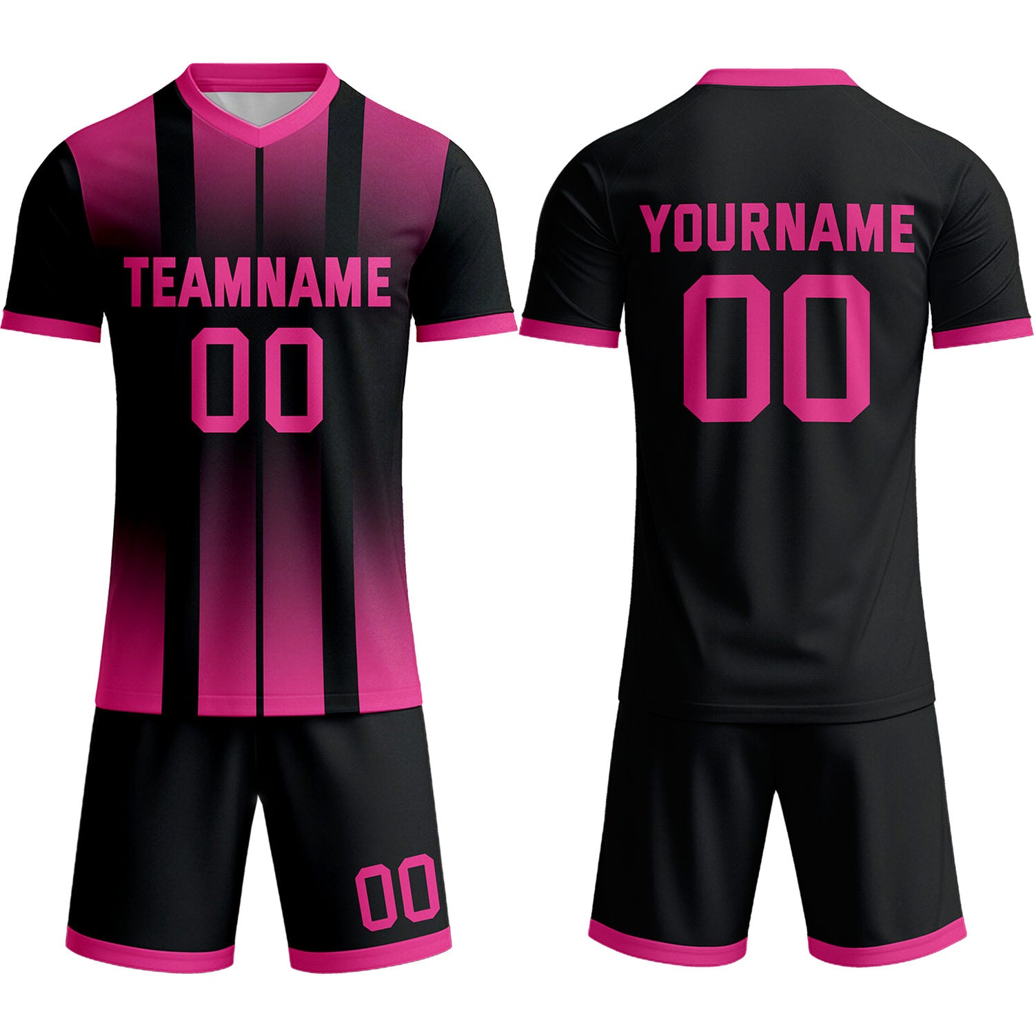 Custom Neon Pink & Black Ombre Stripe Soccer Uniform Set for Teams & Individuals | Vosoli